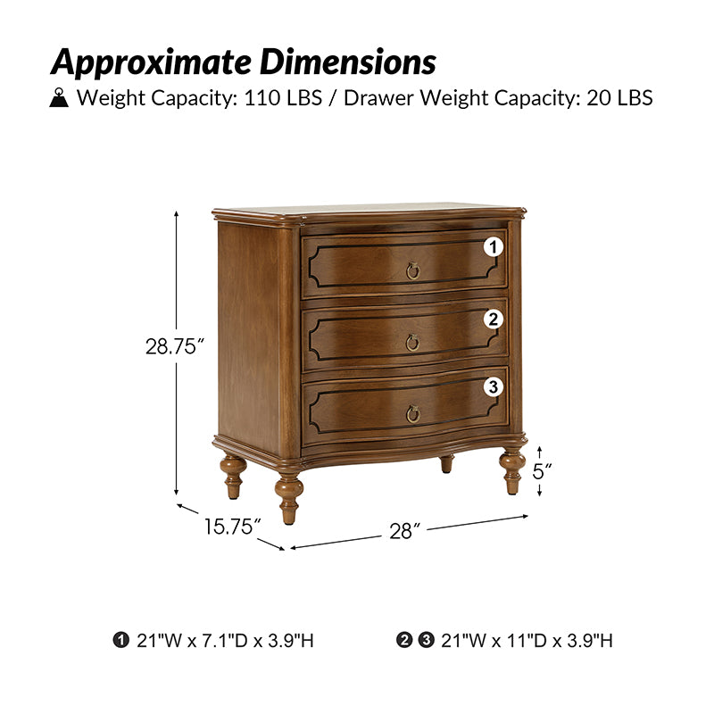 Bernhard 3 Drawer Traditional Nightstand with USB Outlets - Solid Wood Bedside Table for Bedroom, Living Room & Office - Charging Station & Storage Cabinet