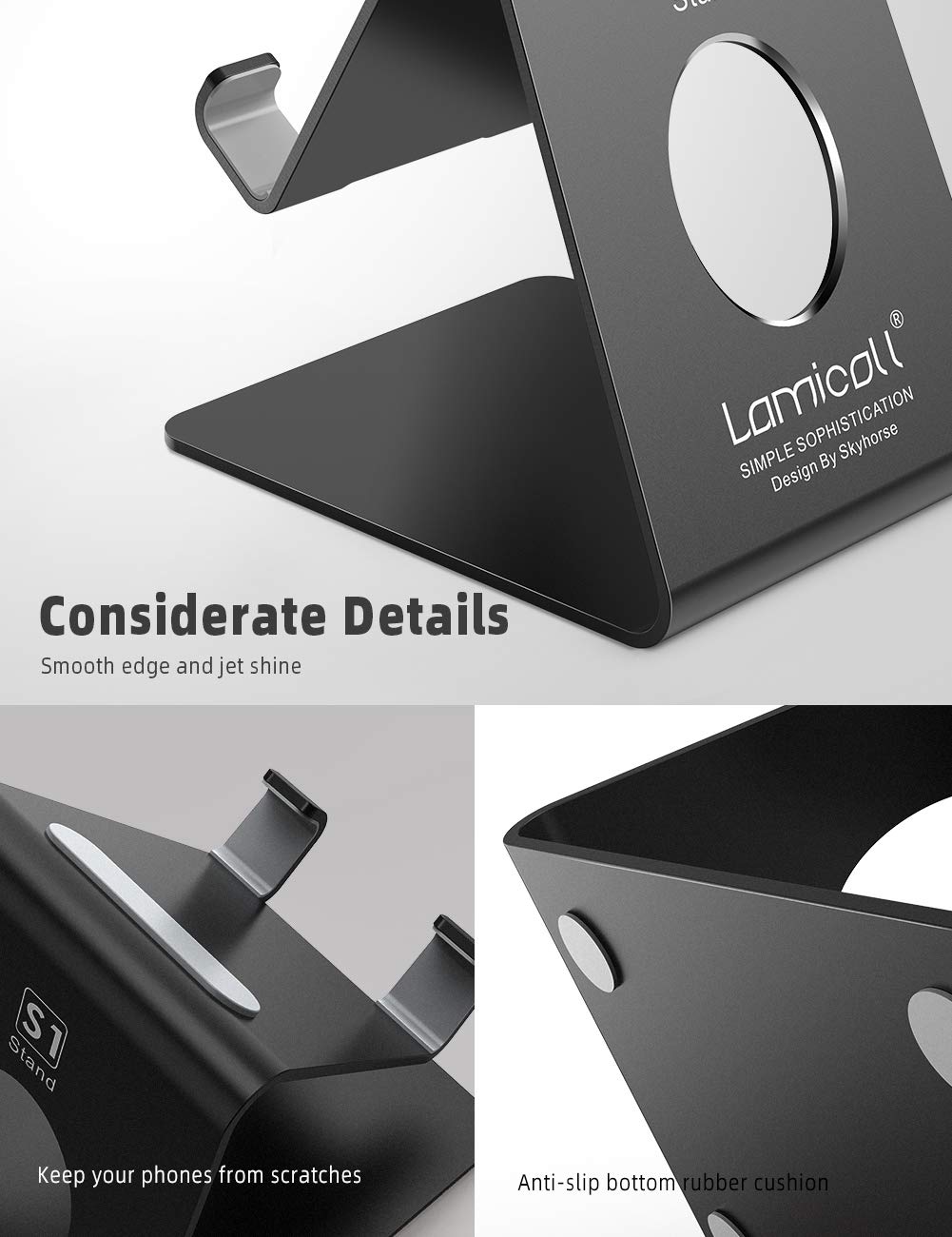 Lamicall Adjustable Cell Phone Stand - Universal Phone Dock, Cradle & Holder for iPhone, Samsung, All Smartphones - Black - Perfect for Office Desk, Home, Car & Video Calls
