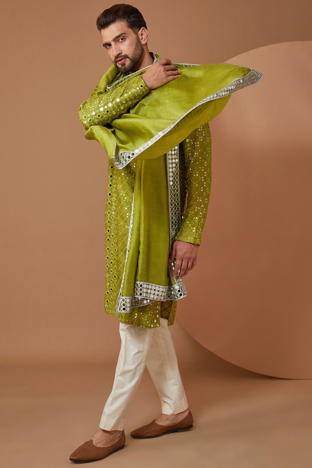 Mehndi Green Signature Mirrorwork Kurta with Stole - Elegant Indian Embroidered Tunic Top for Women | Perfect for Festivals, Weddings & Cultural Events