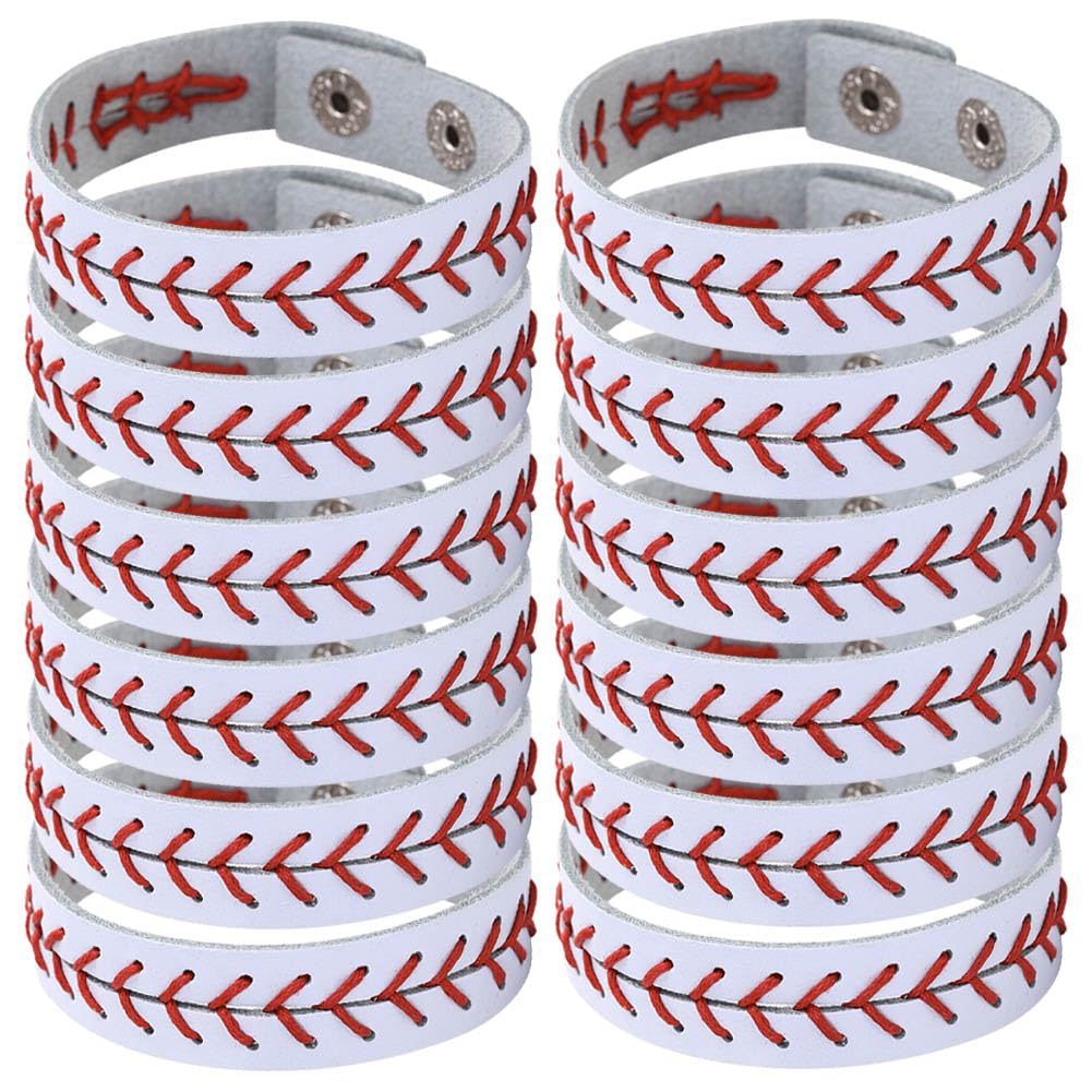 BAOZOON 12 Pack Genuine Leather Baseball Bracelets - Adjustable Sports Wristbands for Men, Women, Boys & Girls - Baseball Player Gifts, Team Spirit Accessories - Perfect for Games, Training & Fan Support