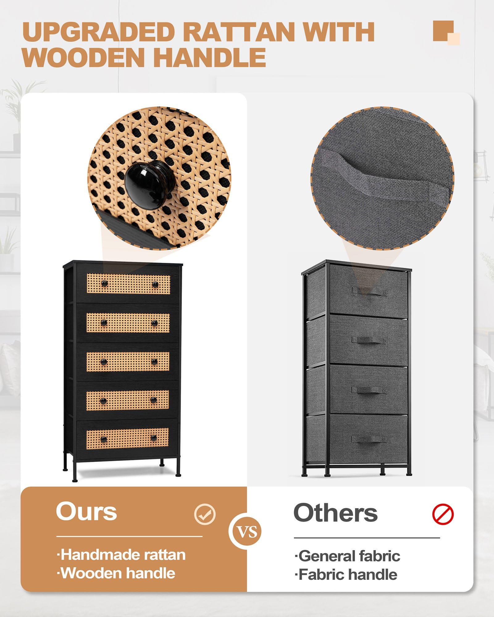 Crestlive 5-Drawer Rattan Dresser Storage Tower with Wood Top - Tall Fabric Chest of Drawers for Bedroom, Hallway & Closet Organization (Black) | Perfect for Small Space Storage & Entryway Décor