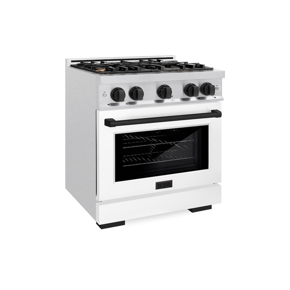 ZLINE Autograph Edition 30 Inch 4.2 Cu Ft Gas Range with 4 Burner Cooktop & Convection Oven - Satin Stainless Steel with White Matte Door & Black Accents (HGRSZ WM 30 MB) | Professional Kitchen Appliance for Home Chefs & Cooking Enthusiasts