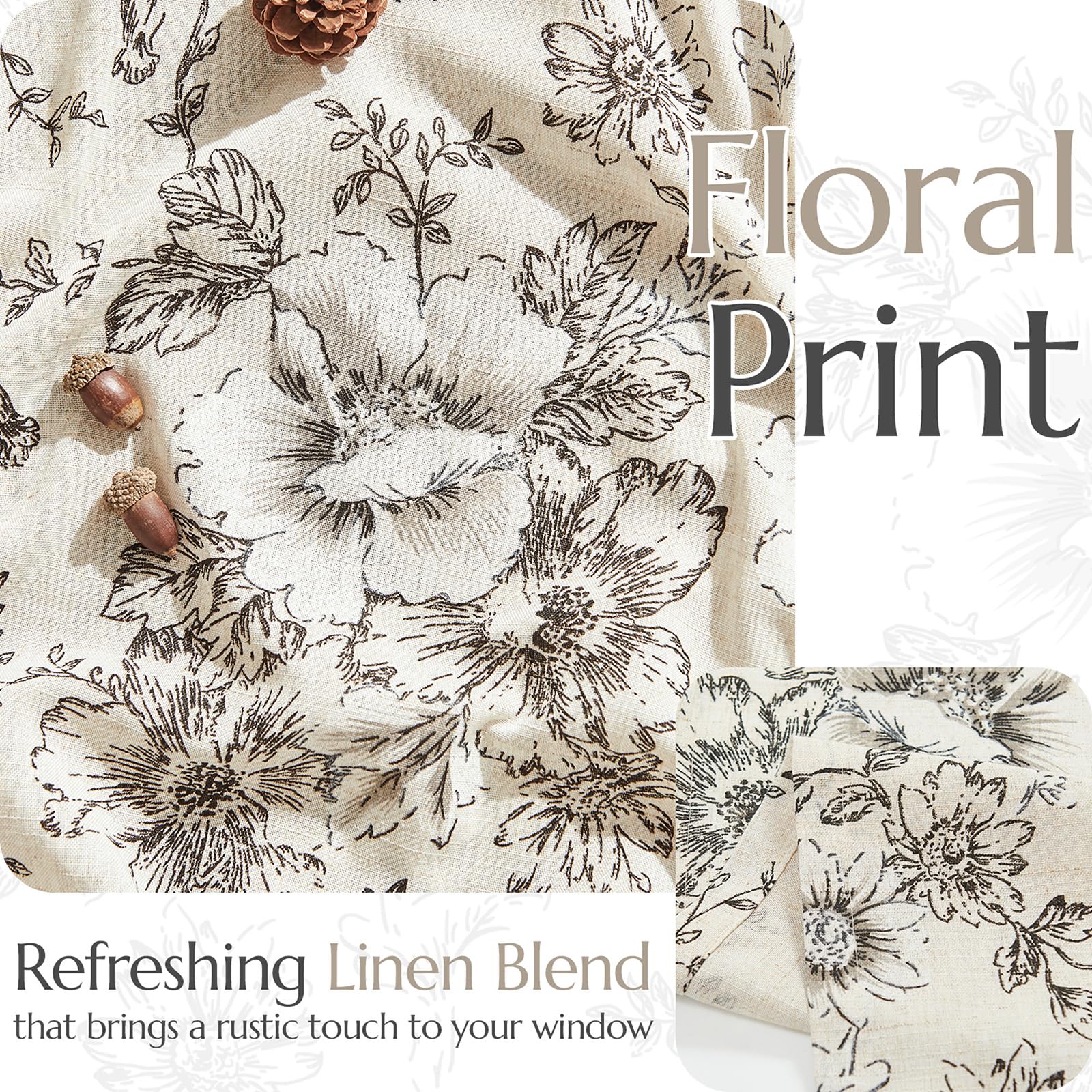 Jinchan Floral Kitchen Curtains Set - Linen Tier Curtains & Valance Farmhouse Drapes for Small Windows (36 Inch Length) - Rod Pocket 3-Piece Set in Black on Beige - Perfect for Cafe, Living Room & Bathroom Decor