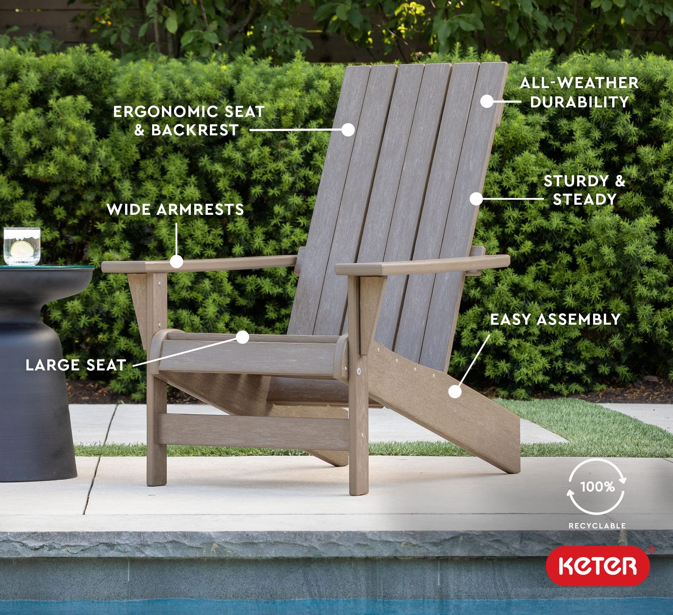 Keter Montauk Weatherproof Adirondack Chair - Durable Outdoor Furniture for Pool, Patio & Fire Pit - Easy Assembly Sturdy Seating in Weatherwood Finish - Perfect for Backyard Relaxation & Outdoor Entertaining