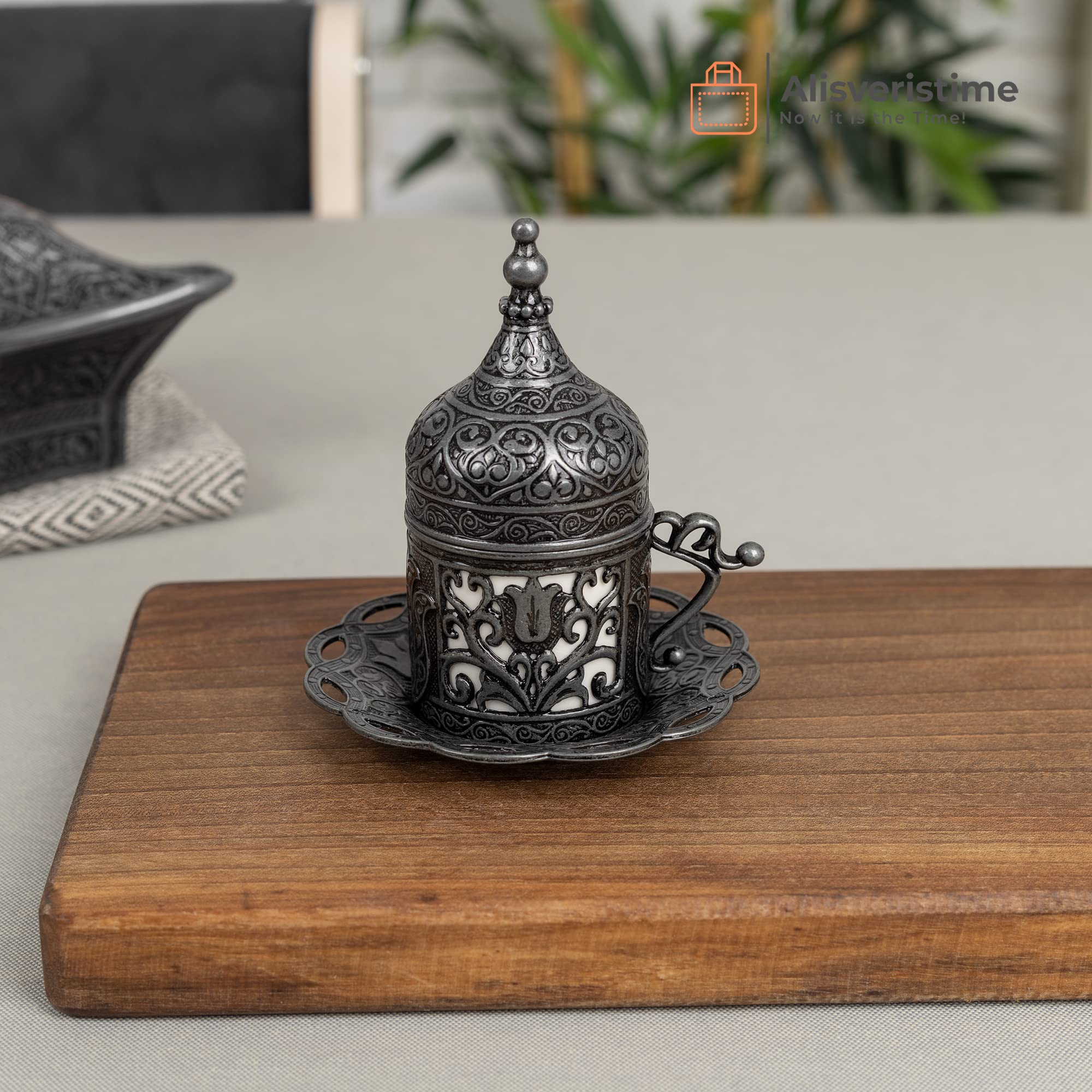 Premium 6-Piece Turkish Coffee Cup Set with Saucers & Lids - Traditional Ottoman Tulip Design (Lale) in Black - Perfect for Home Brewing, Gifts & Coffee Shops