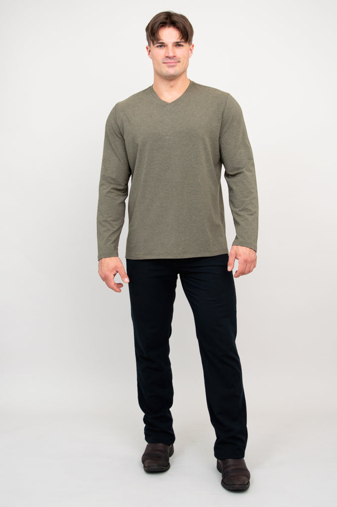 Adam Men's Long Sleeve Shirt - Yarn Dyed Khaki Bamboo Fabric - Comfortable Casual Wear for Office, Travel & Outdoor Activities