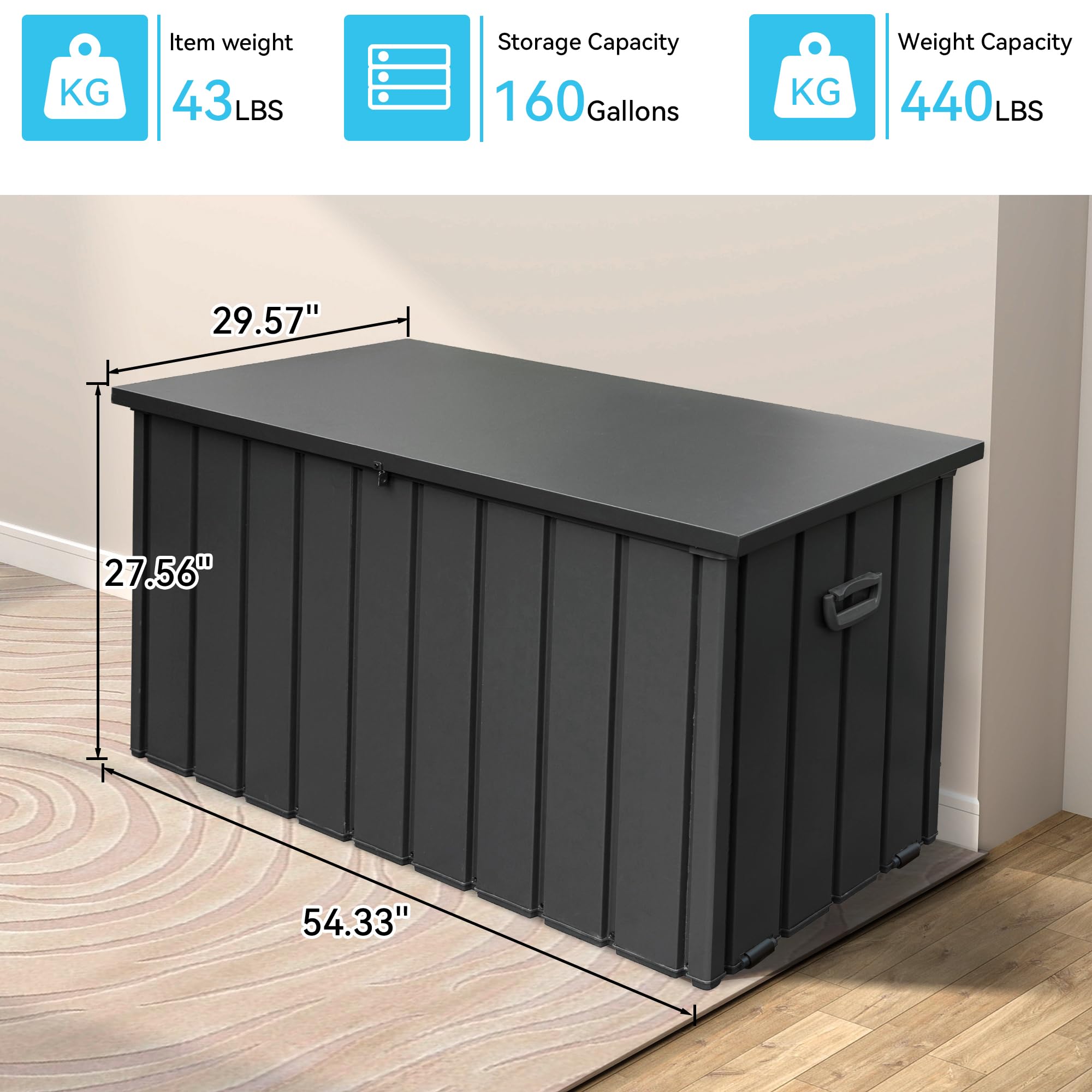 160 Gallon Outdoor Storage Deck Box - Heavy Duty Galvanized Steel Waterproof Storage Bench with Wheels & Lock - All-Weather UV-Resistant for Porch, Cushions, Tools (Grey) - Perfect for Patio Furniture Storage, Package Delivery Protection, and Backyard Organization