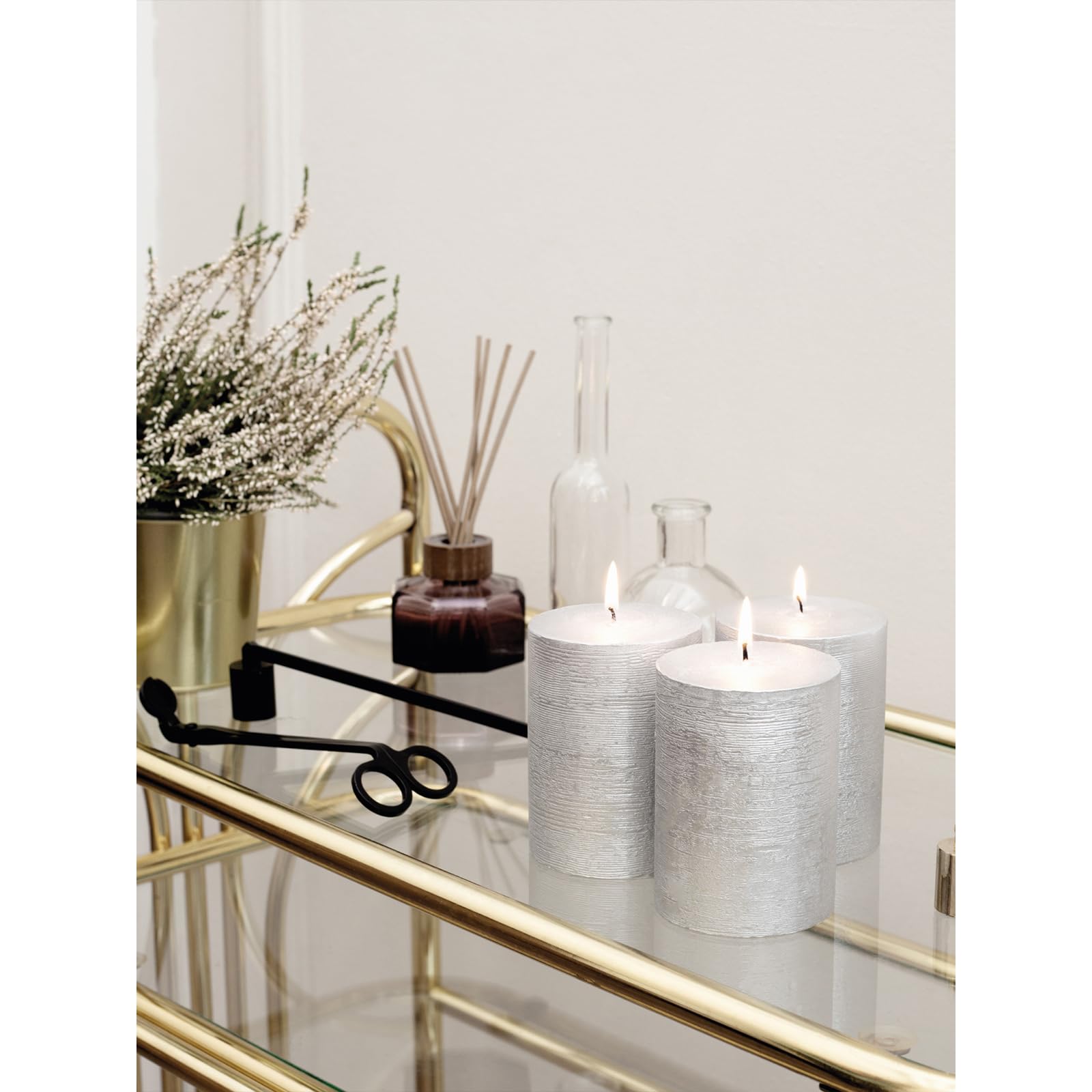Premium CANDWAX 3x4 Inch Silver Pillar Candles Set of 3 - Unscented Non-Drip Decorative Candles for Weddings, Home Decor & Interior Design - Elegant Table Centerpiece for Dining Room, Living Room & Special Events