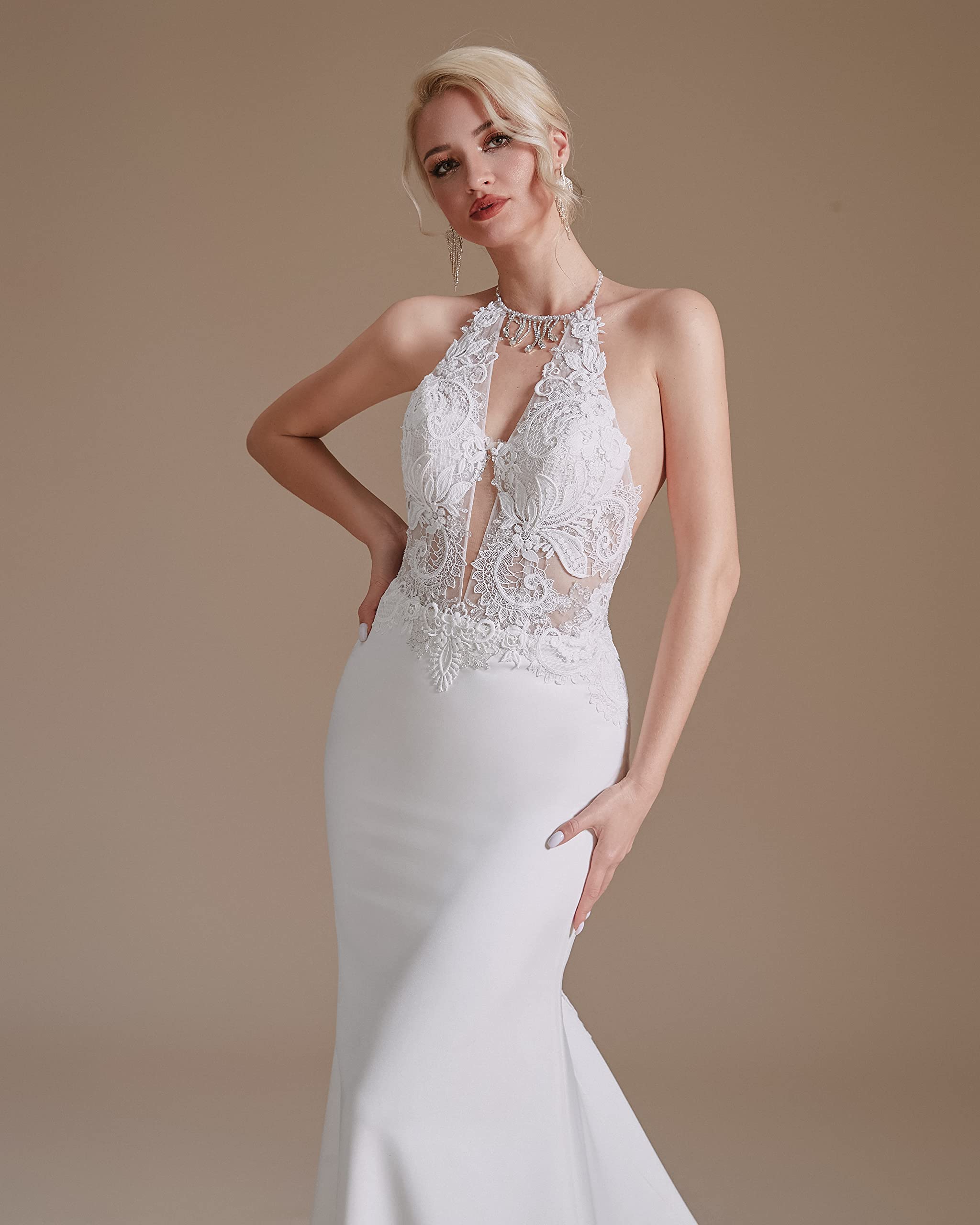 Elegant Halter Lace Applique Mermaid Wedding Dress for Bride - Beach, Party & Formal Occasions