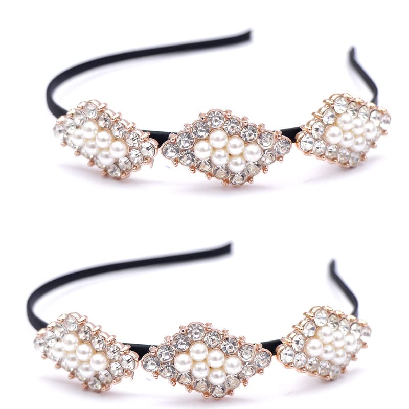 NAVMAV Pearl Rhinestone Hair Bands for Women & Girls - Vintage Black Headbands for Parties, Weddings & Special Occasions (2-Pack) - Perfect for Bridal Accessories, Prom, and Formal Events