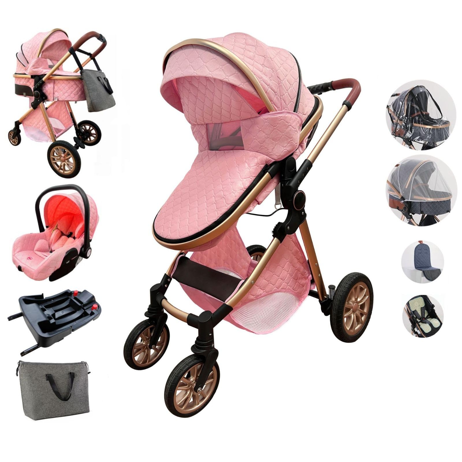 5 in 1 Compact Baby Stroller with Removable Bassinet & Reversible Seat - Foldable Lightweight Aluminum Frame Stroller for Newborn to Toddler - Pink Travel System for Shopping, Park & Daily Use