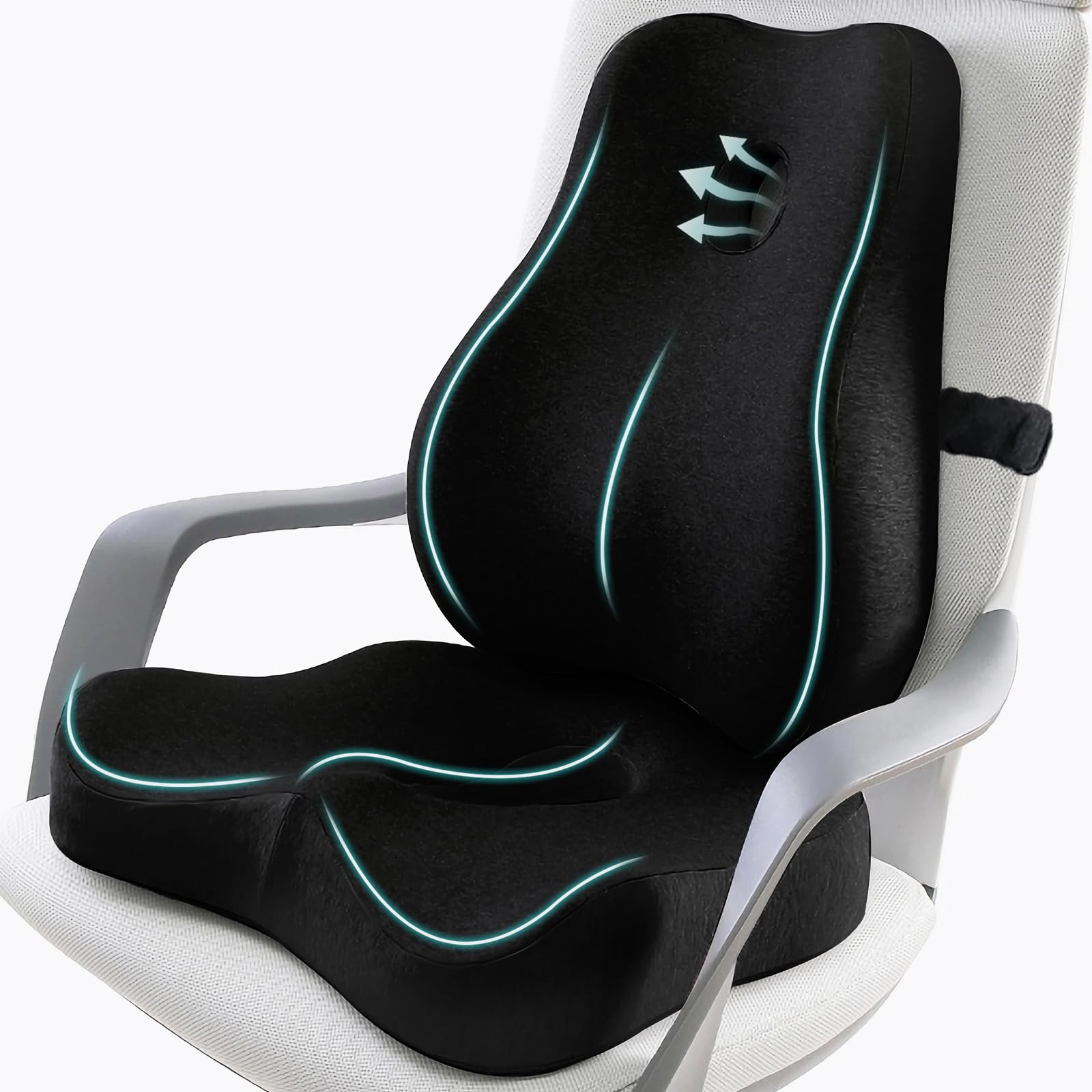 Ergonomic Seat Cushion & Lumbar Support Pillow Set - Memory Foam Office Chair Cushion for Sciatica Pain Relief, Gaming Chair & Travel Comfort - Perfect for Long Work Hours, Gaming Sessions & Car Rides (Black)