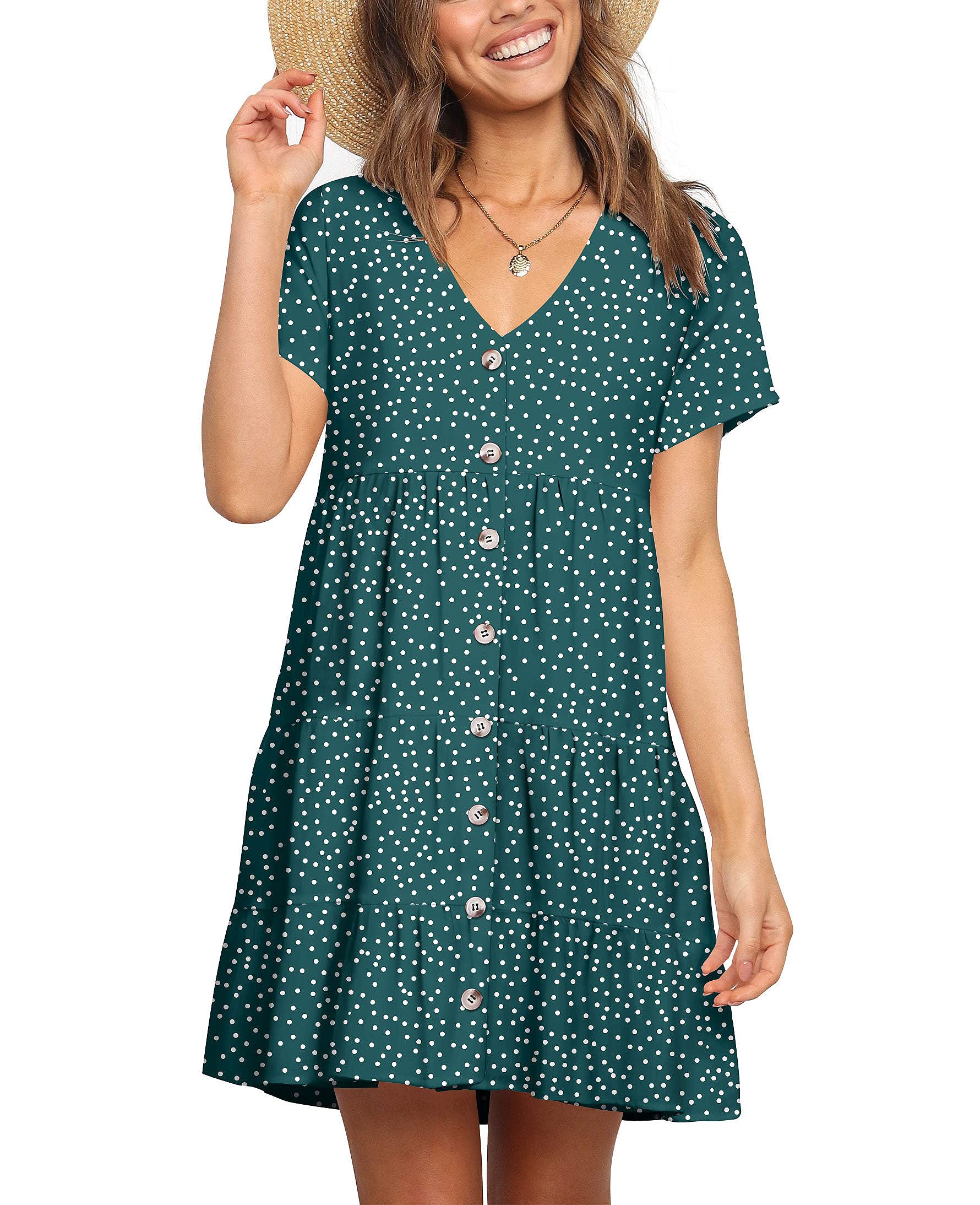 FOWSMON Women's Flowy Ruffle Dress - Short Sleeve V-Neck Swing Dress with Loose Fit & Floral Print for Summer | Perfect for Beach Vacations, Date Nights & Casual Outings