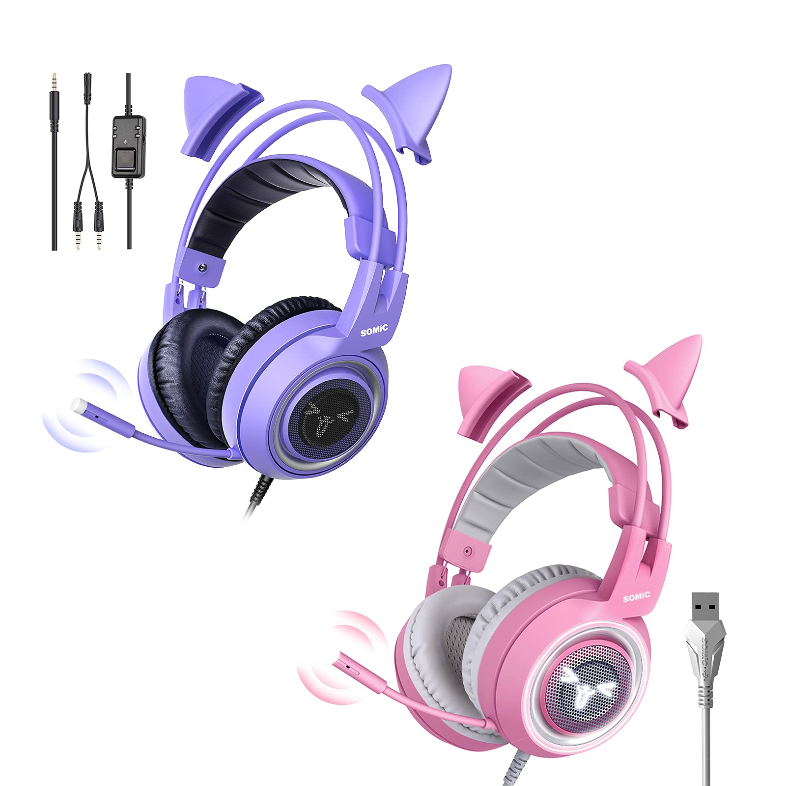 SOMIC G951s Black & Pink 2-Pack Gaming Headsets with Mic - Stereo Sound for PS4, PC, Xbox One - LED Light & Breathable Design for Girls & Women - Perfect for Gaming, Streaming & Online Classes