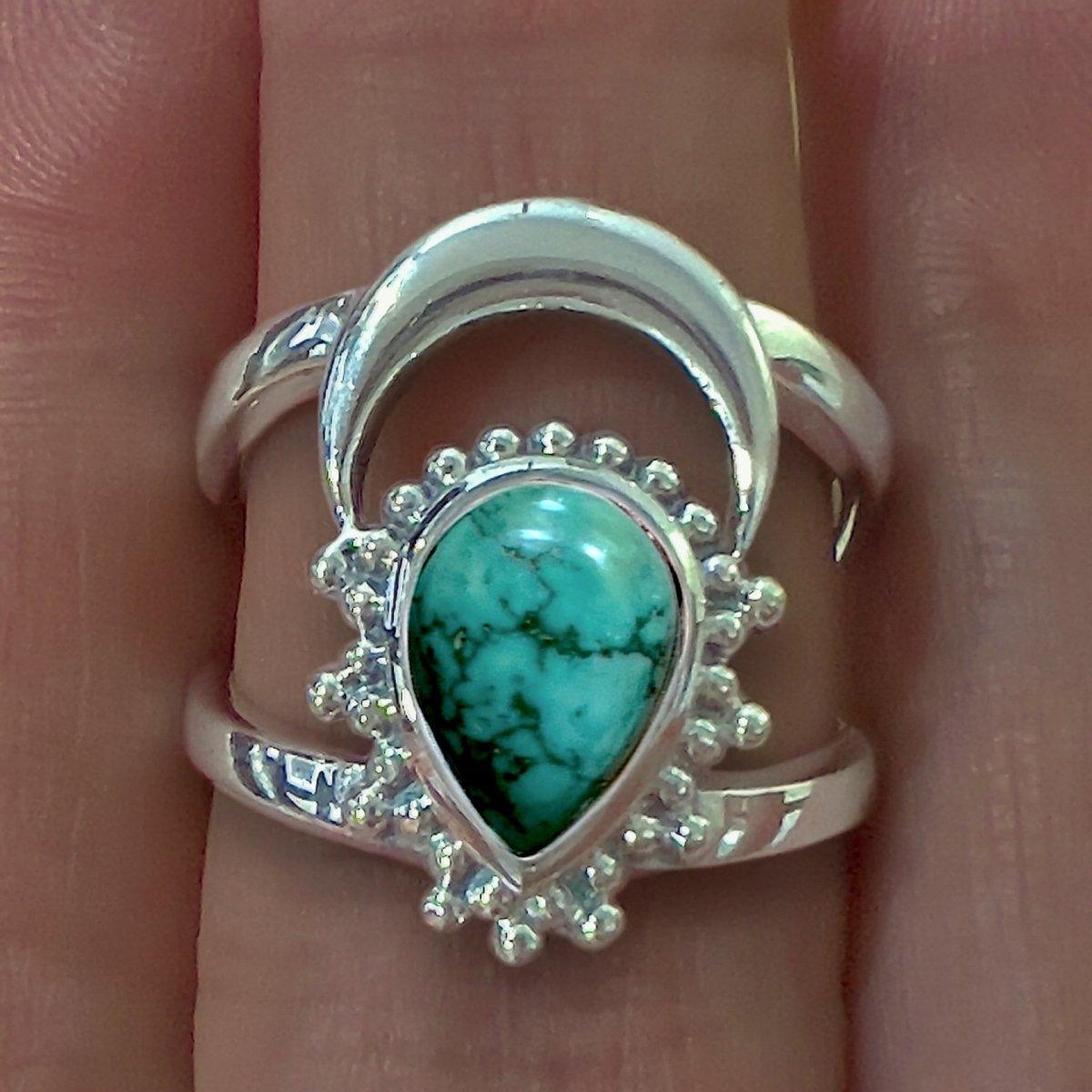 Boho Moon Turquoise Ring for Women - Handmade Sterling Silver Adjustable Hippie Jewelry - Perfect for Festivals, Beach Parties & Boho Fashion