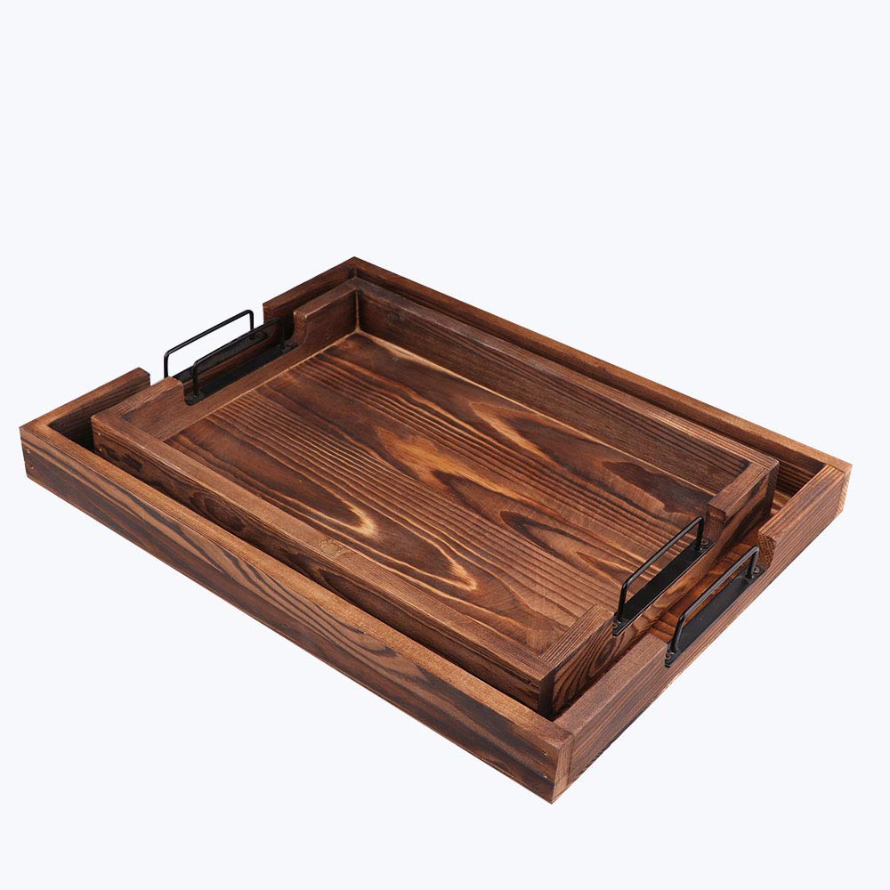 Rustic Wooden Serving Tray Set of 2 - Brown Decorative Food Tray for Coffee, Tea & Snacks - Perfect for Kitchen, Dining Table & Party Serving