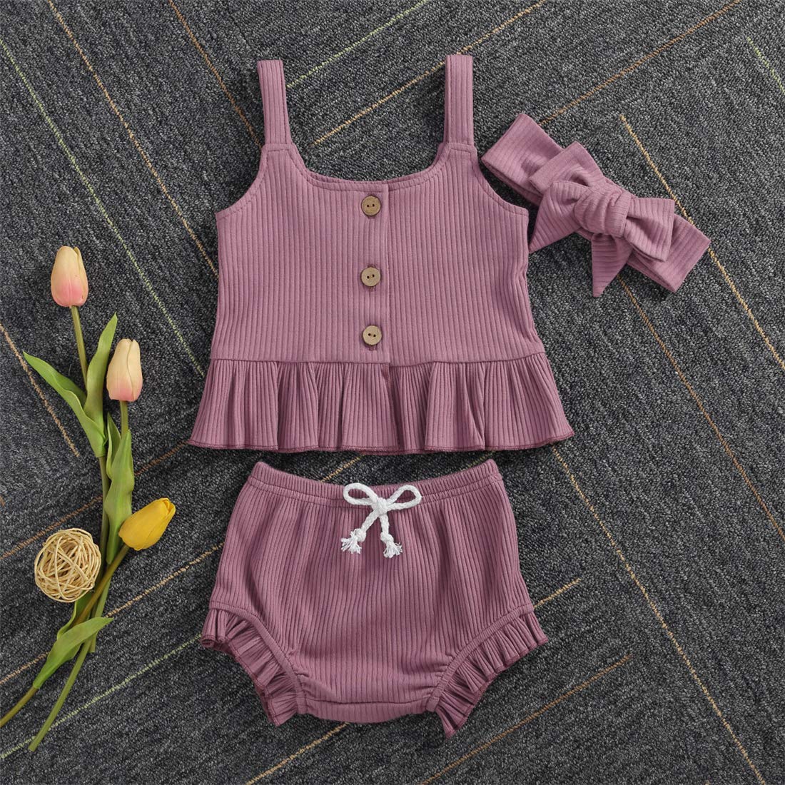 Newborn Baby Girl Summer Outfit Set - Knitted Suspender Dress, Ruffle Top & Shorts | Cute Solid Color Infant Clothes for Photoshoots, Parties & Daily Wear