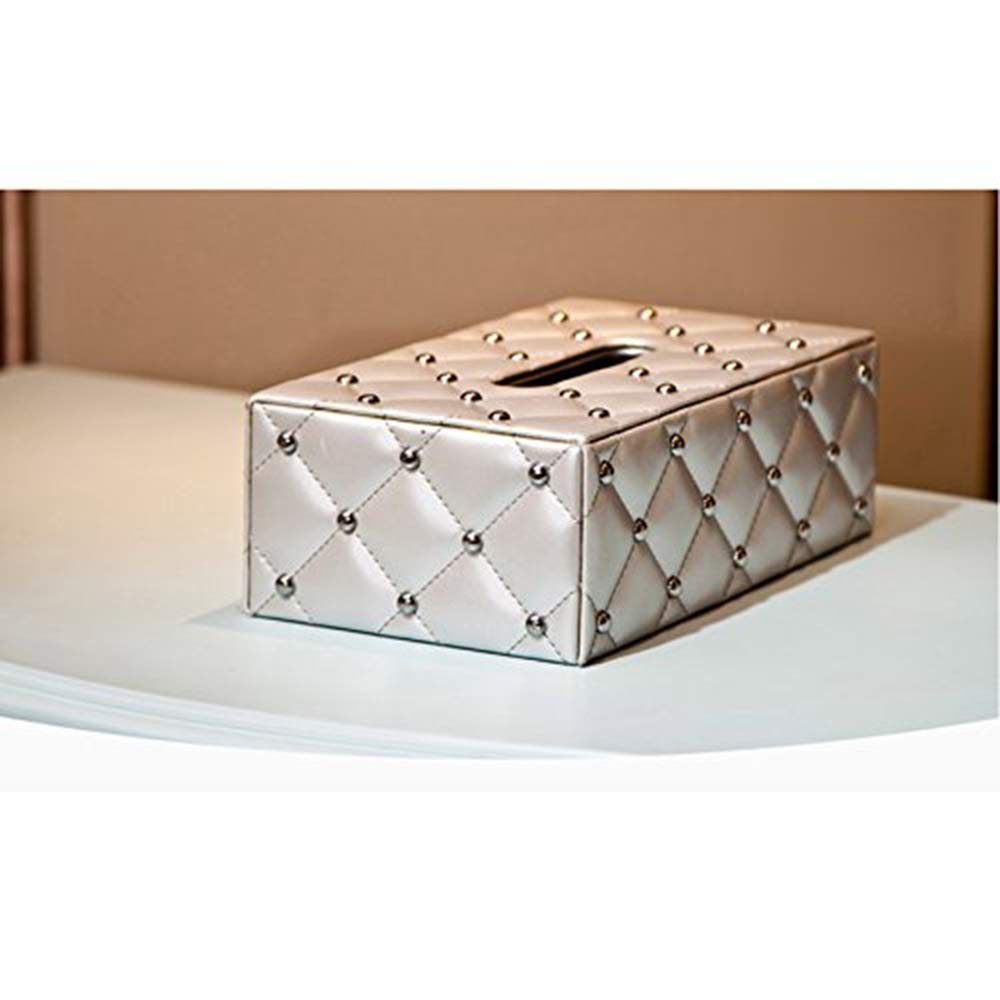 Premium PU Leather Rectangular Tissue Box Cover with Rivets - Stylish Desk Storage Holder for Home & Office | White Tissue Box Organizer for Living Room, Bedroom, and Workspace