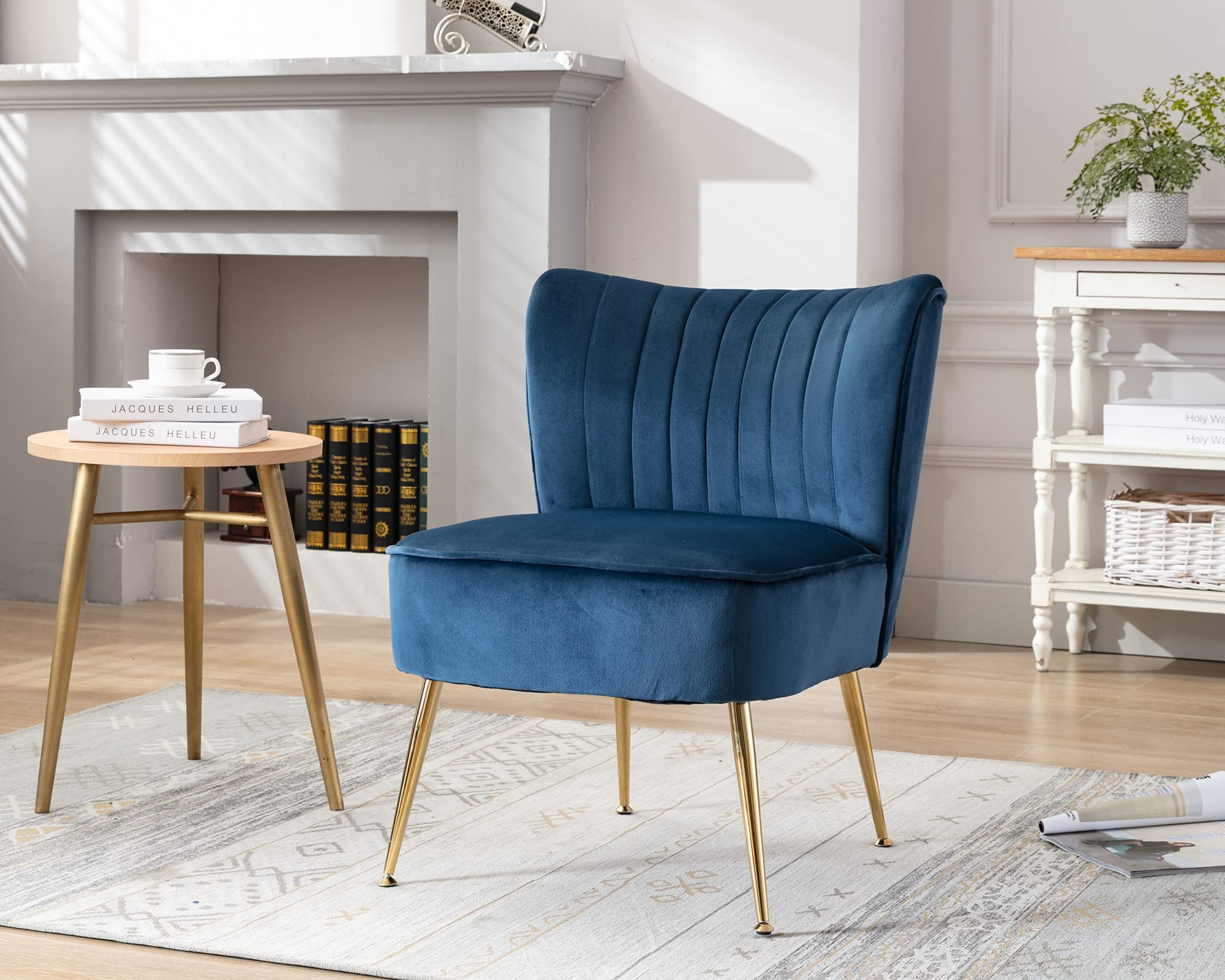 Velvet Accent Chair Set of 2 - Mid Century Modern Armless Slipper Chairs with Golden Metal Legs, Soft Upholstered Living Room Seating for Bedroom, Guest Room & Office - Blue Velvet Wingback Lounge Chairs (Perfect for Small Spaces, Reading Nooks & Cozy Corners)
