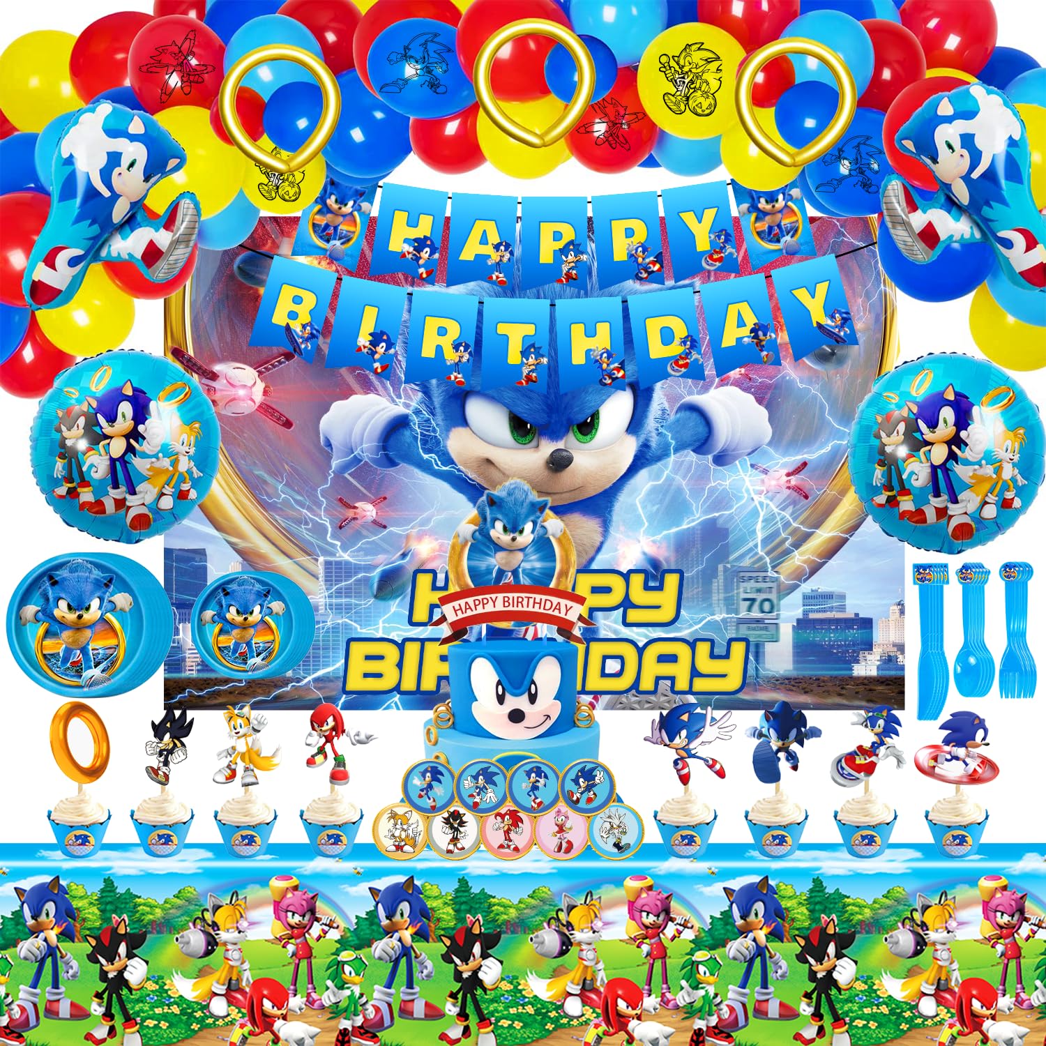 187pcs Soniics Birthday Party Decorations Kit - Backdrop, Banner, Tableware, Tablecloth, Cake Toppers, Foil Balloons & More for Kids Birthday Party Decorations | Perfect for Indoor/Outdoor Birthday Celebrations, Baby Showers & Special Events