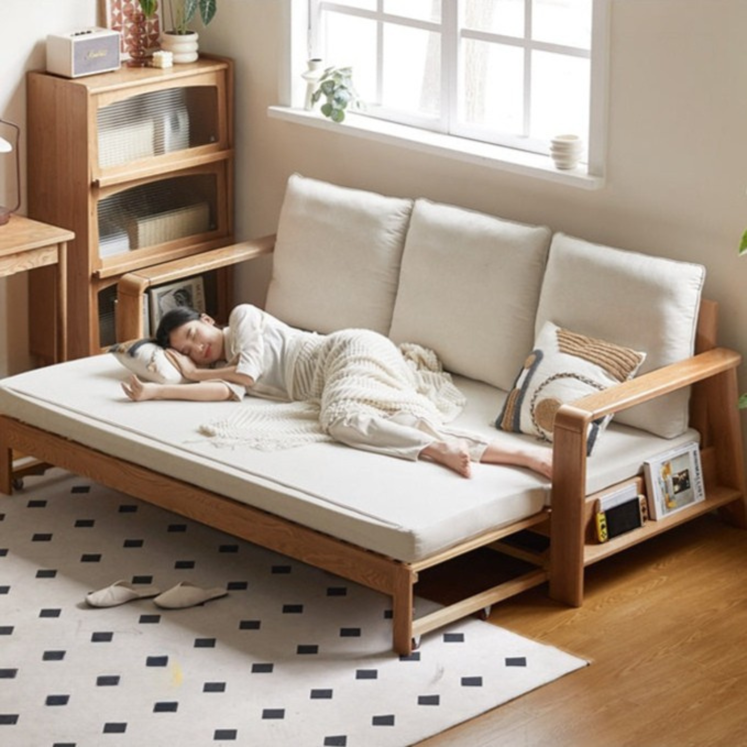 Oak Solid Wood Nordic Telescopic Sofa Bed - Space Saving Convertible Couch for Small Apartments & Guest Rooms | Modern Scandinavian Furniture for Living Room & Studio