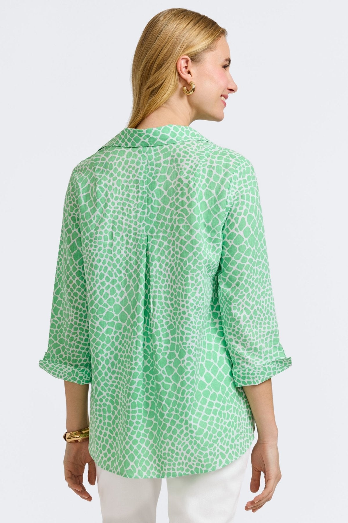 Agnes Linen Giraffe Print 3/4 Sleeve Popover Shirt for Women | Casual Summer Top for Beach, Vacation & Everyday Wear