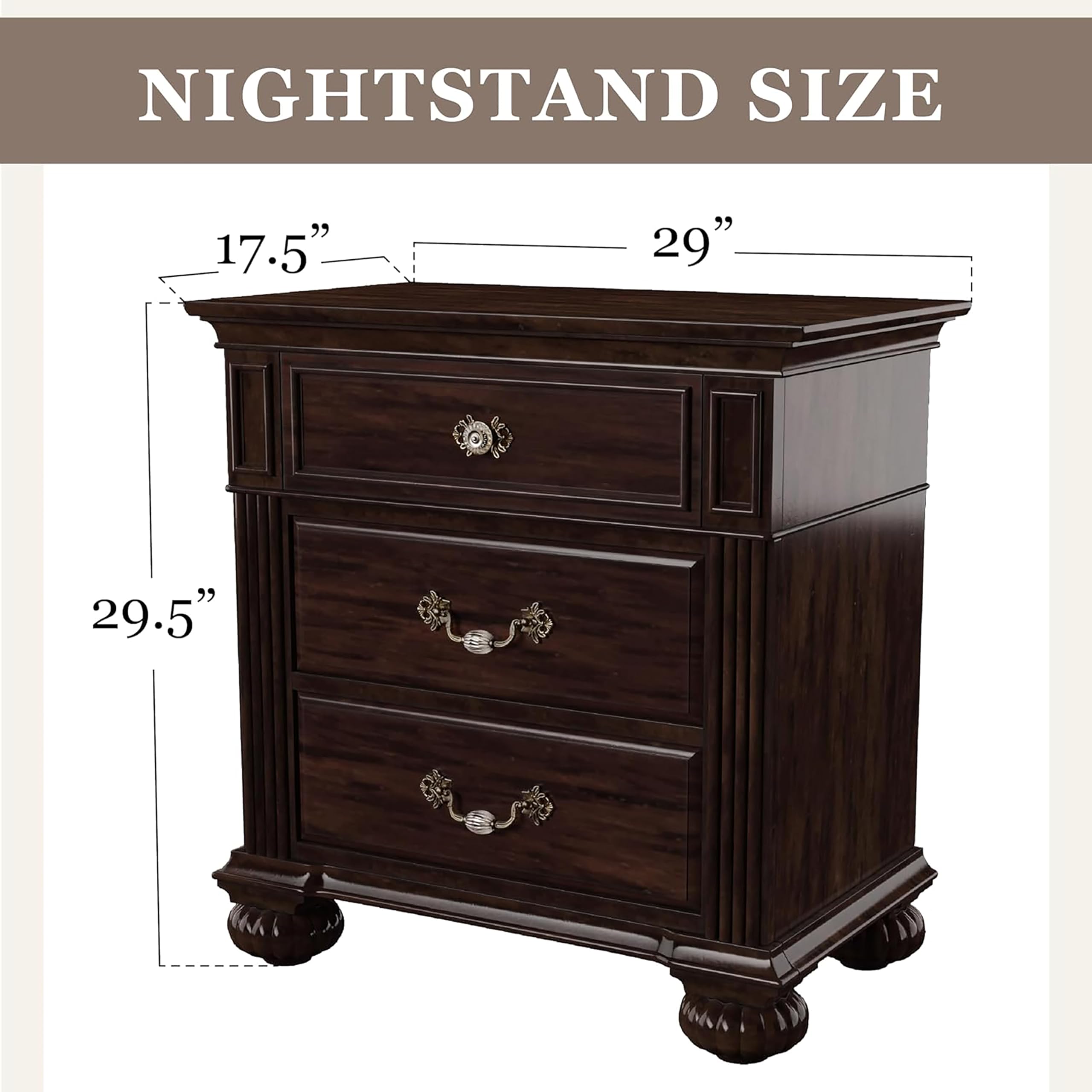 HOMES: Inside + Out ioHOMES Chaidari 3-Drawer Nightstand, Dark Walnut - Stylish Bedroom Furniture for Small Spaces, Modern Nightstand with Storage for Bedside Organization