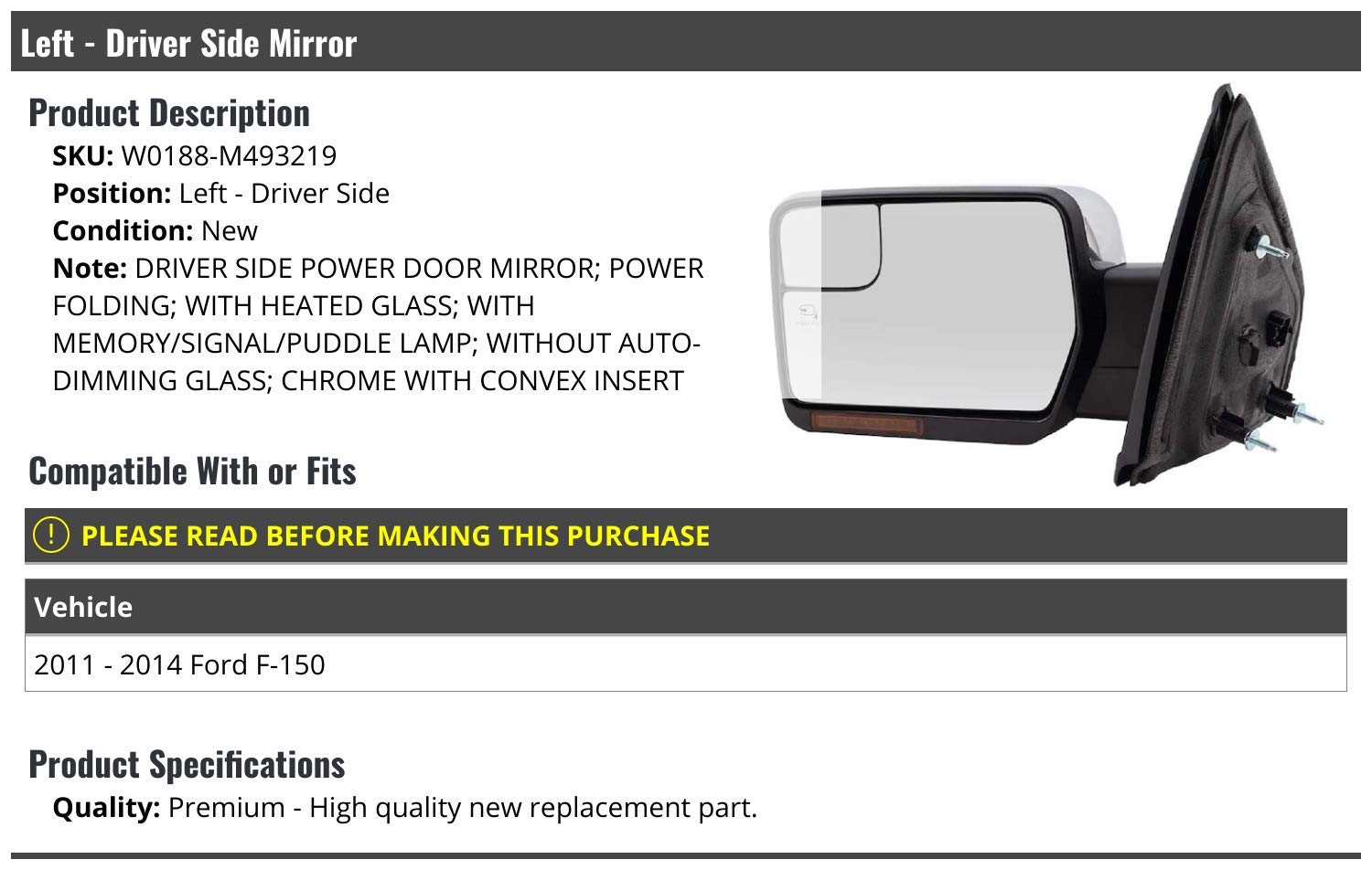 Chrome Left Driver Side Power Mirror with Heated Glass, Power Folding, Memory, Turn Signal & Puddle Lamp - Compatible with 2011-2014 Ford F150 - Perfect for Winter Driving & Nighttime Safety