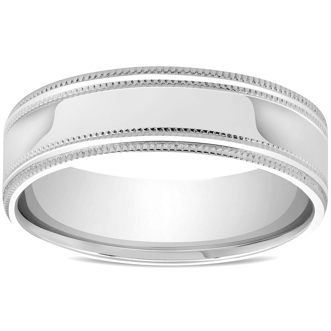 10K White Gold 6mm Men's Wedding Band - High Polished Finish with Double Milgrain Accent - Perfect for Engagement, Anniversary & Special Occasions