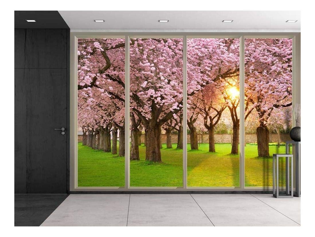 Wall26 - Stunning Pink Cherry Blossom Trees with Sunlight View from Sliding Door - Peel & Stick Wall Mural Wallpaper - 66x96 inches - Perfect for Living Room, Bedroom & Office Decor