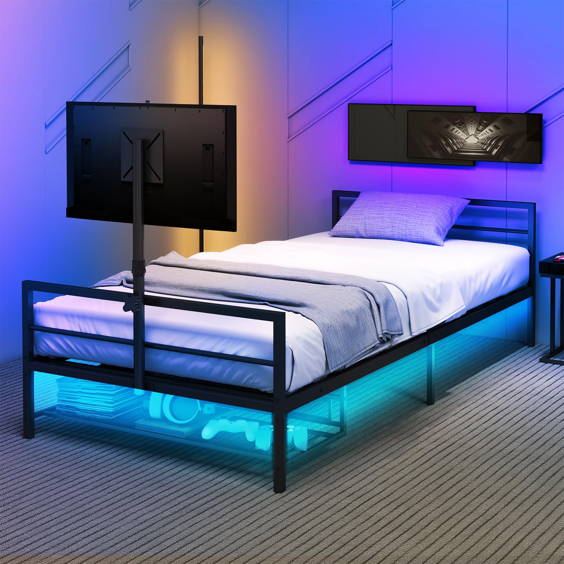 Anwick Twin Gaming Bed with TV Lift & LED Lights, Metal Bed Frame with TV Mount for 13-42 Inch TVs, Storage & Ventilated Console Rack - Perfect for Gamers, Teens & Small Bedrooms (Twin Size)