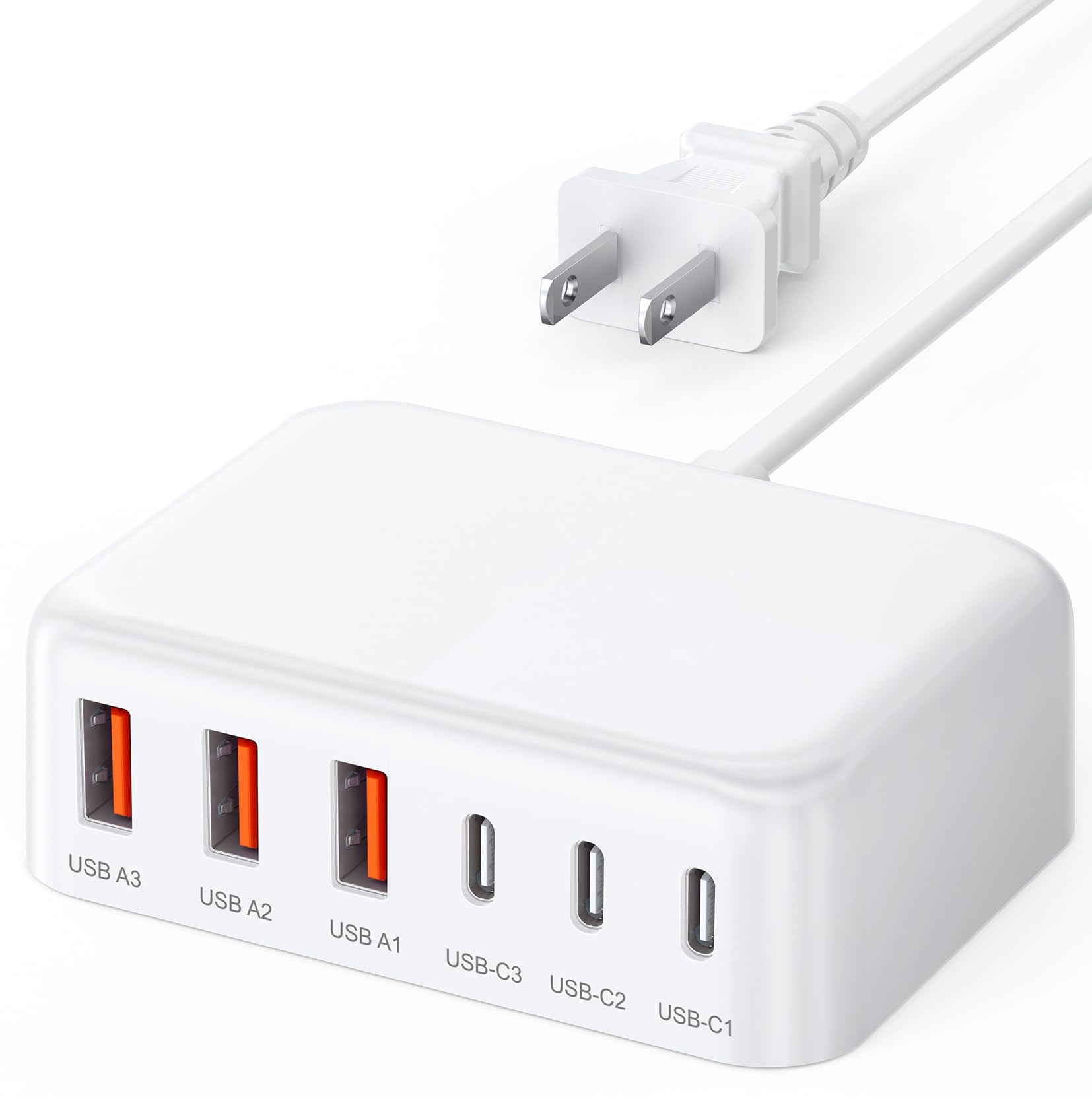 100W GaN 6-Port USB C Charger Block with PD & QC Fast Charging - Compact Wall Adapter for iPhone 16/15/14/13/12 Pro Max, iPad, Samsung Galaxy, Google Pixel - Includes 5ft Extension Cord - Perfect for Home, Office & Travel Charging Multiple Devices Simultaneously