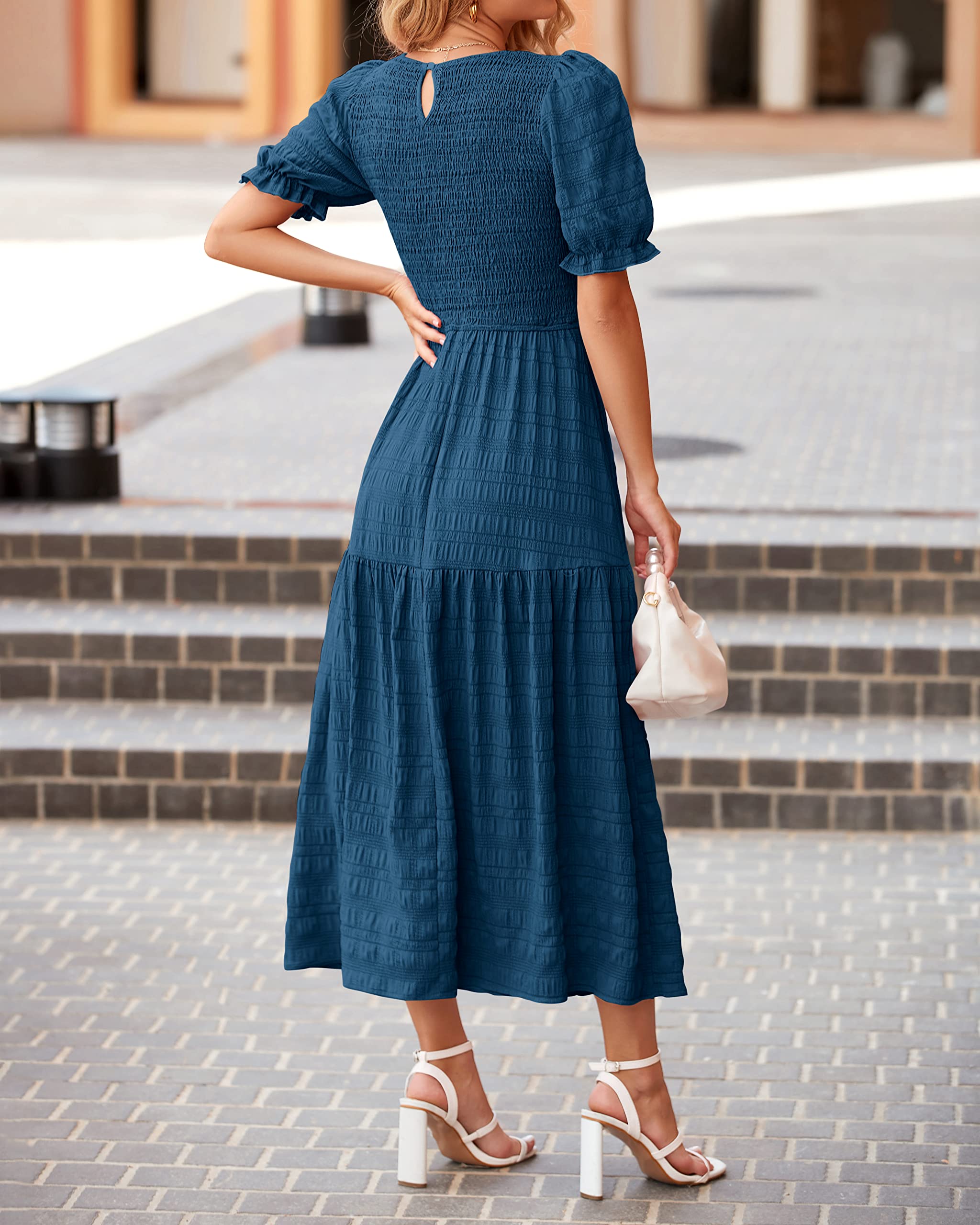 Dowerme Women's Summer Maxi Dress 2025 - Casual Boho Sundress with Puff Short Sleeves, Crewneck & Smocked Waist | Flowy Ruffle Beach Dress for Vacation, Party & Outdoor Activities