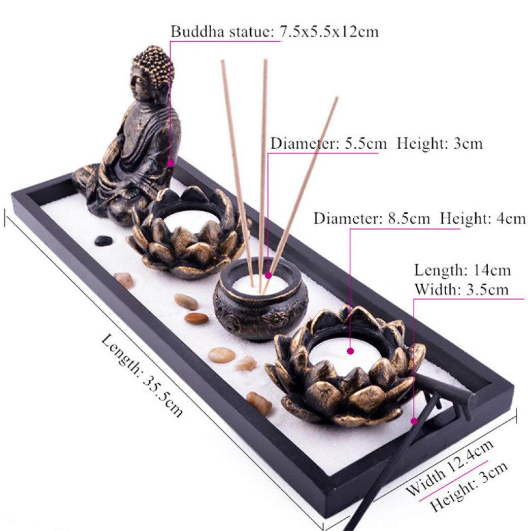 Zen Meditation Garden Set with Resin Buddha Statue, Lotus Candle Holder & Incense Stick - Desktop Decor for Stress Relief, Office Relaxation & Mindful Meditation Practice