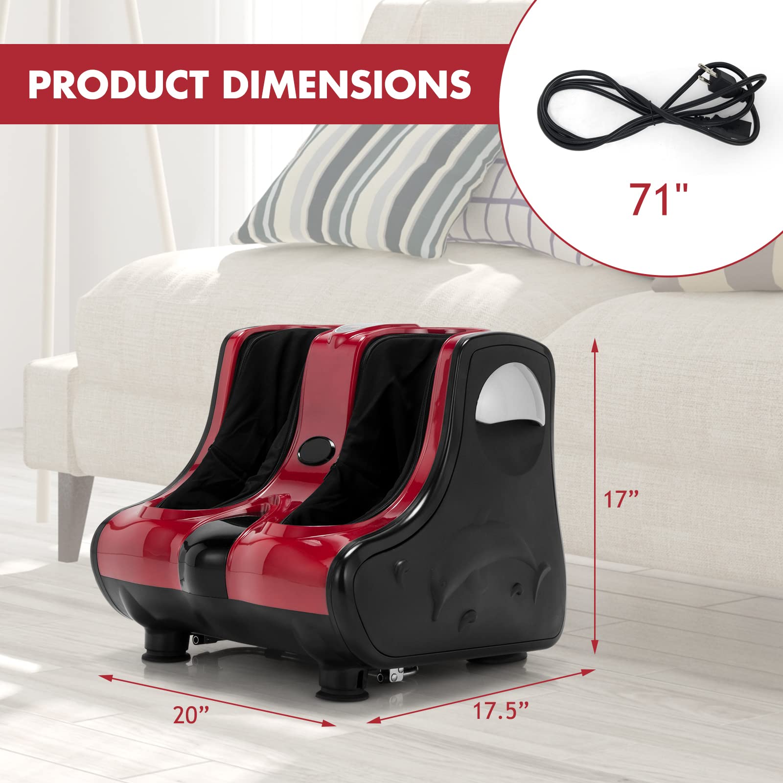 RELAX4LIFE Shiatsu Foot and Calf Massager with Heating - Kneading, Vibration & Rolling Massage Machine for Pain Relief - Adjustable Speed & Tilt Base - Perfect for Home, Office and Post-Workout Relaxation (Red)