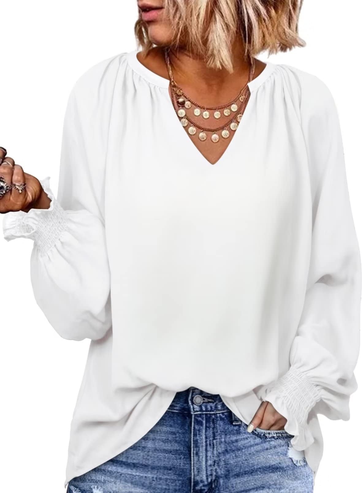 BEZEKC Women's Plus Size Long Sleeve Chiffon Blouse - V Neck Flowy Tunic Top for Fall (US 16-18/XL) | Elegant Casual & Business Wear | Office, Party, Date Night Outfits