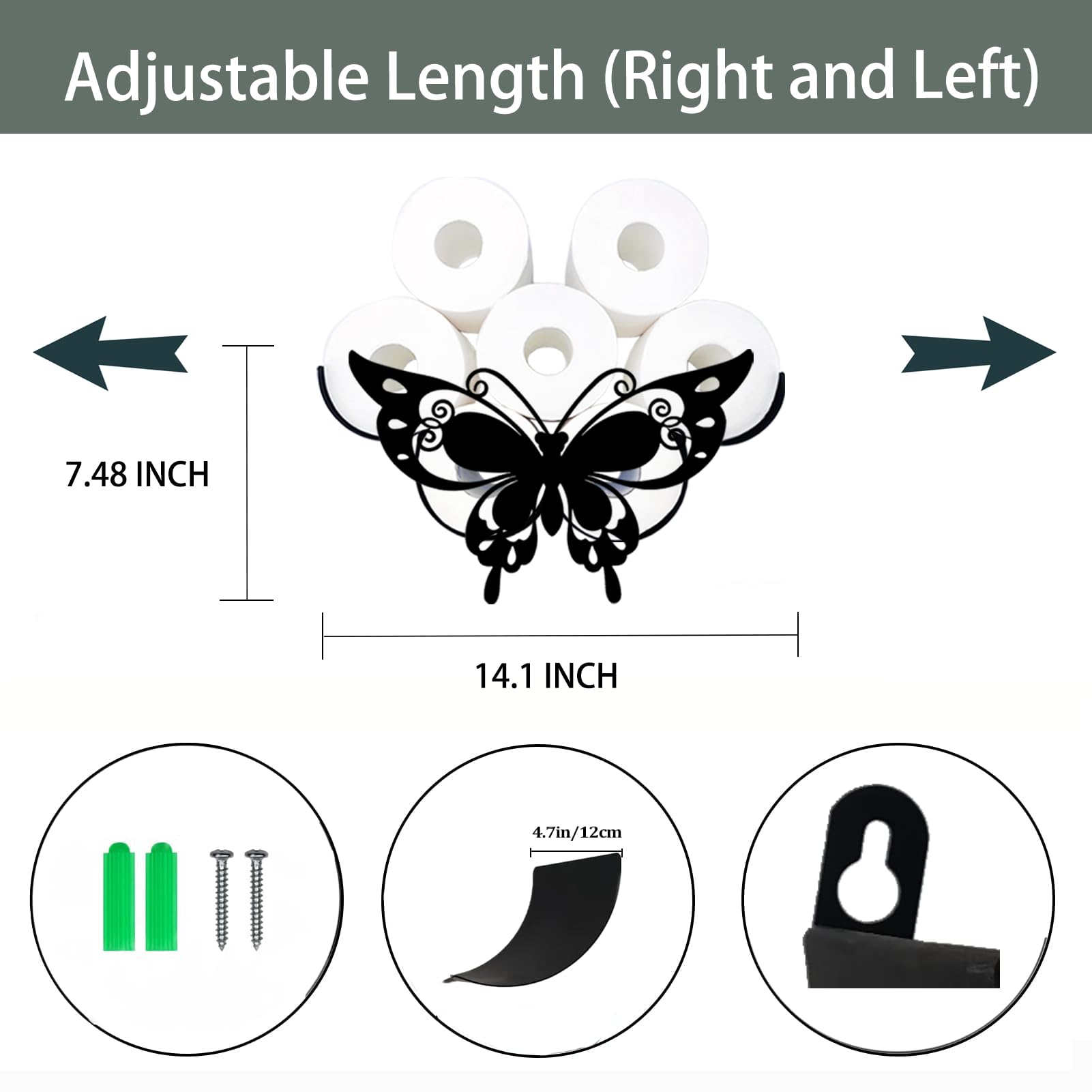 Funny Butterfly Toilet Paper Holder - Metal Wall Mounted Black Bathroom Tissue Roll Dispenser for 8 Rolls - Universal Fit Paper Roll Storage Shelf - Bathroom Floor Decor Accessories - Perfect for Home, Office, and RV Bathrooms
