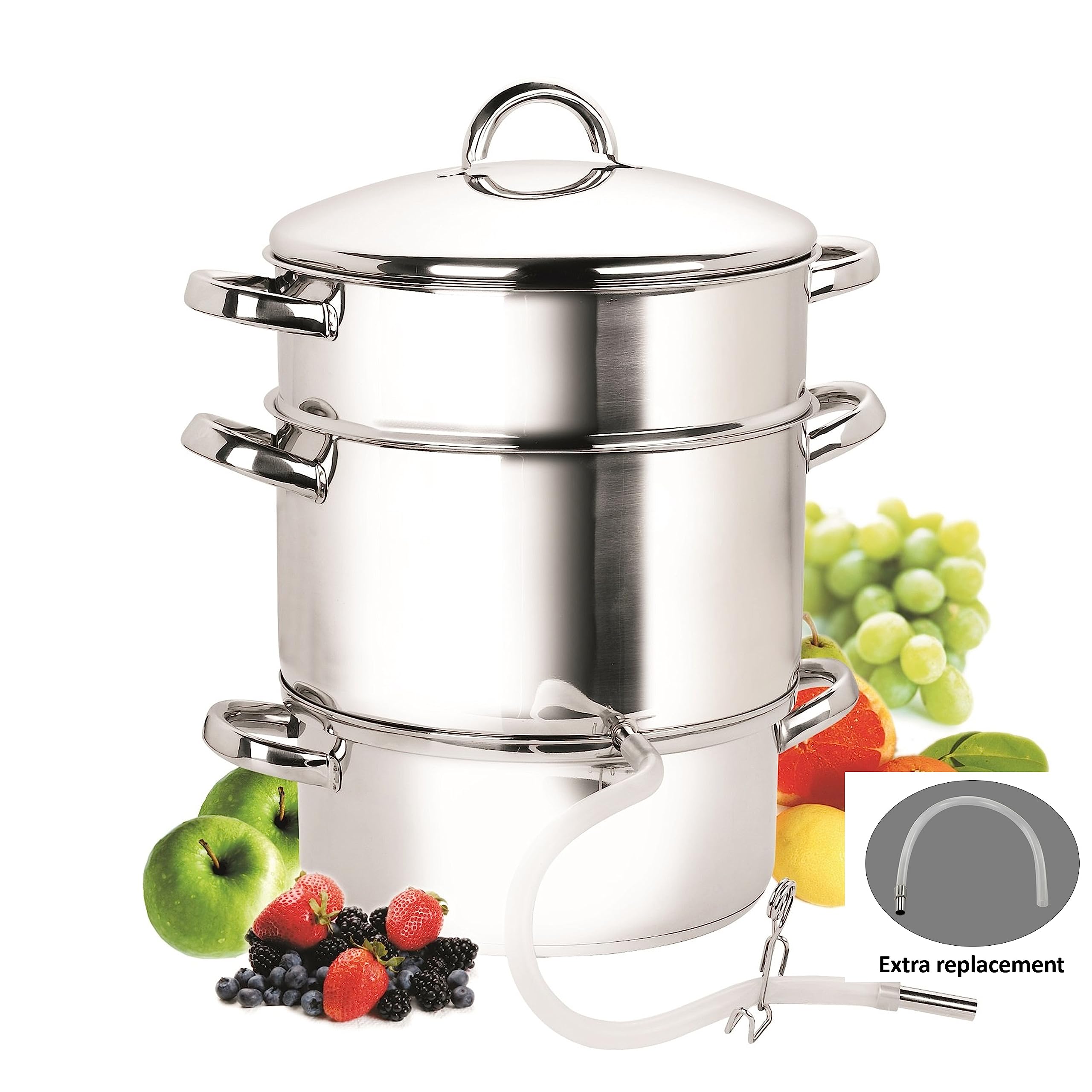 Premium 11-Quart Stainless Steel Juice Steamer Extractor Kit - Cook N Home Basics Canning Set with Water Pan, Juice Pan, Strainer, Lid & Hose Clamp - Mirror Satin Finish for Fresh Fruit Juicing, Home Canning & Healthy Beverage Making