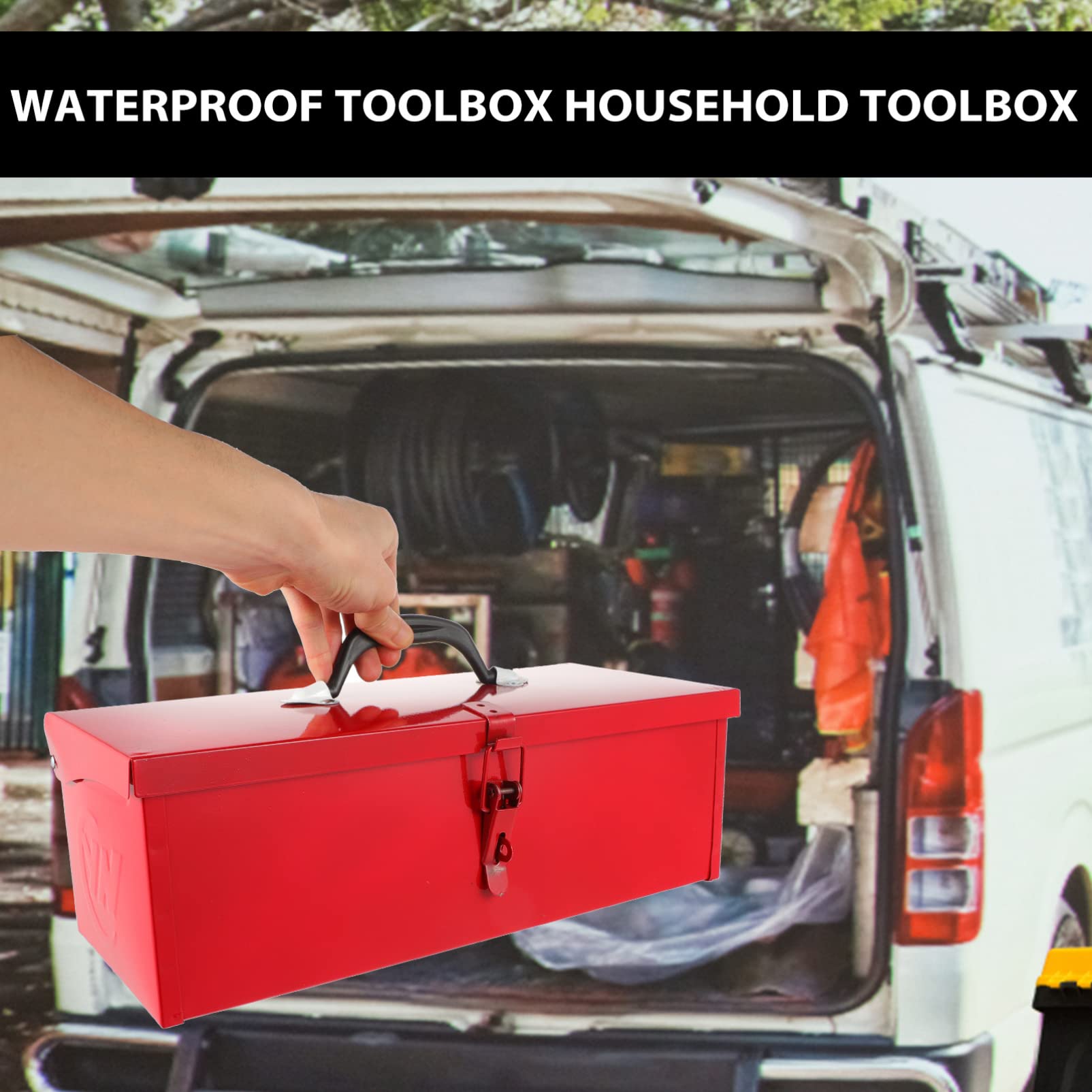 DOITOOL Small Metal Tool Box - Portable Steel Tool Organizer with Hip Roof Design & Metal Latch Closure (39 x 16 x 13cm, Red) - Perfect for Home Garage, Workshop, Construction Site & DIY Projects