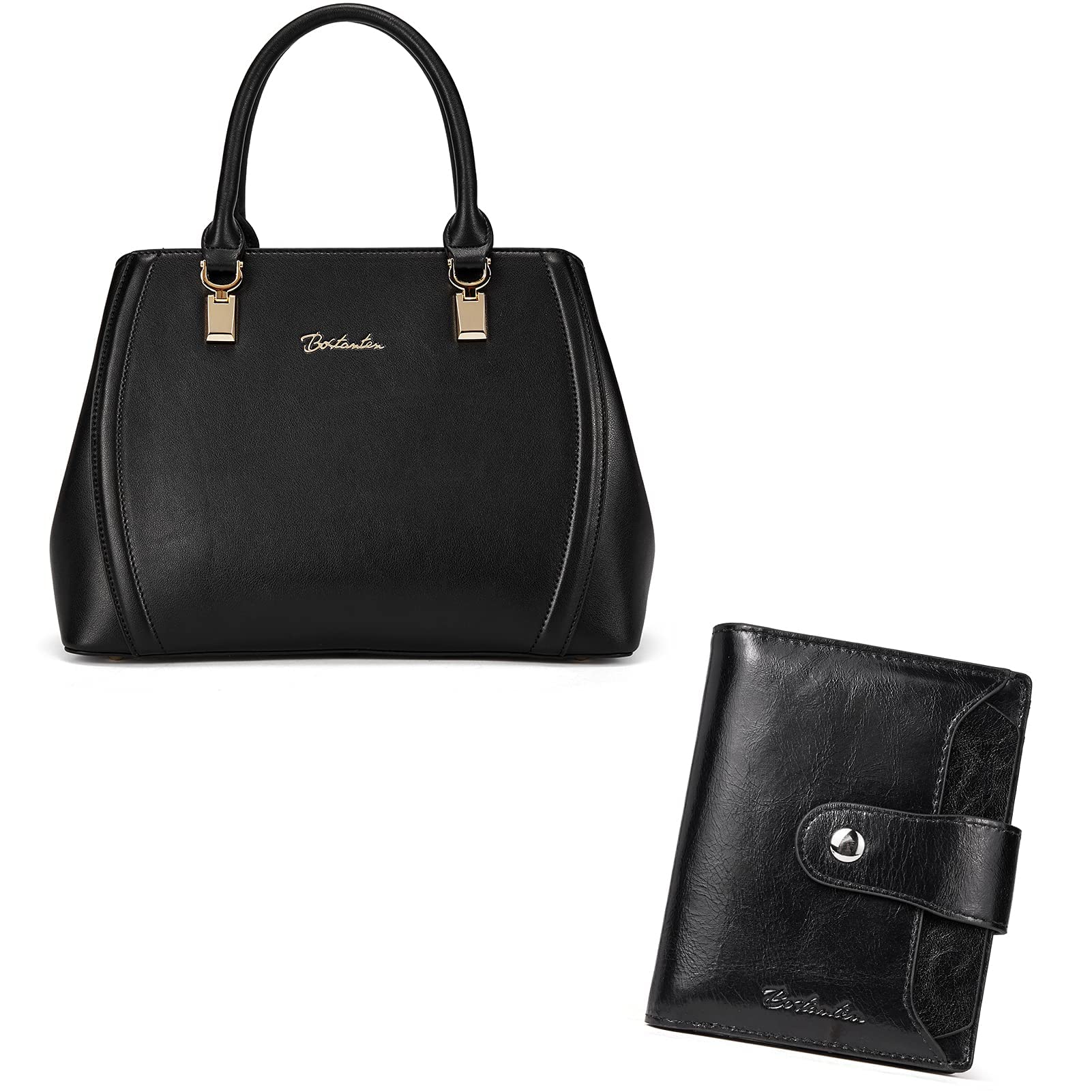 BOSTANTEN Women's Genuine Leather Handbag - Designer Top Handle Satchel Shoulder Bag & Crossbody Purse with RFID Blocking Wallet Set (Black) - Perfect for Work, Travel, and Everyday Use