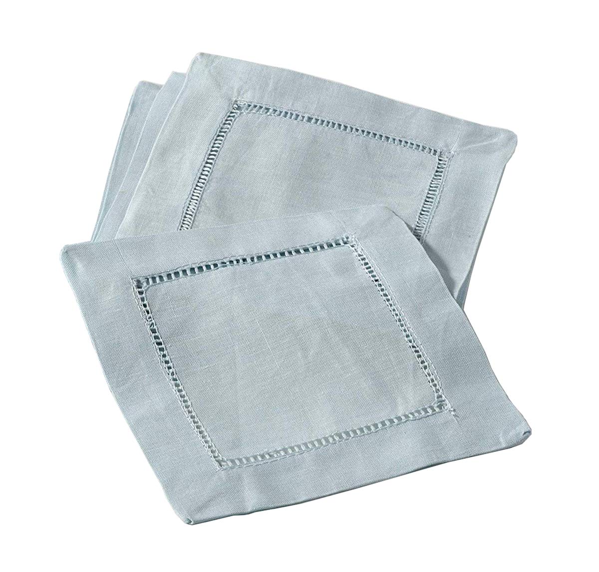 Vibrant Solid Color Linen Blend Coaster Napkins 6x6 Inch - Set of 4 Aqua Blue Hemstitched Cocktail Napkins for Parties, Weddings & Home Decor