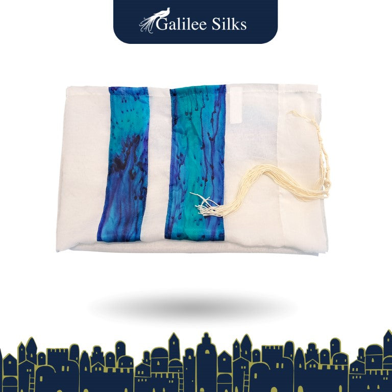 Turquoise Silk Striped Girls Tallit with Tzitzit - Elegant Bat Mitzvah Prayer Shawl for Women | Perfect for Synagogue Services & Jewish Ceremonies