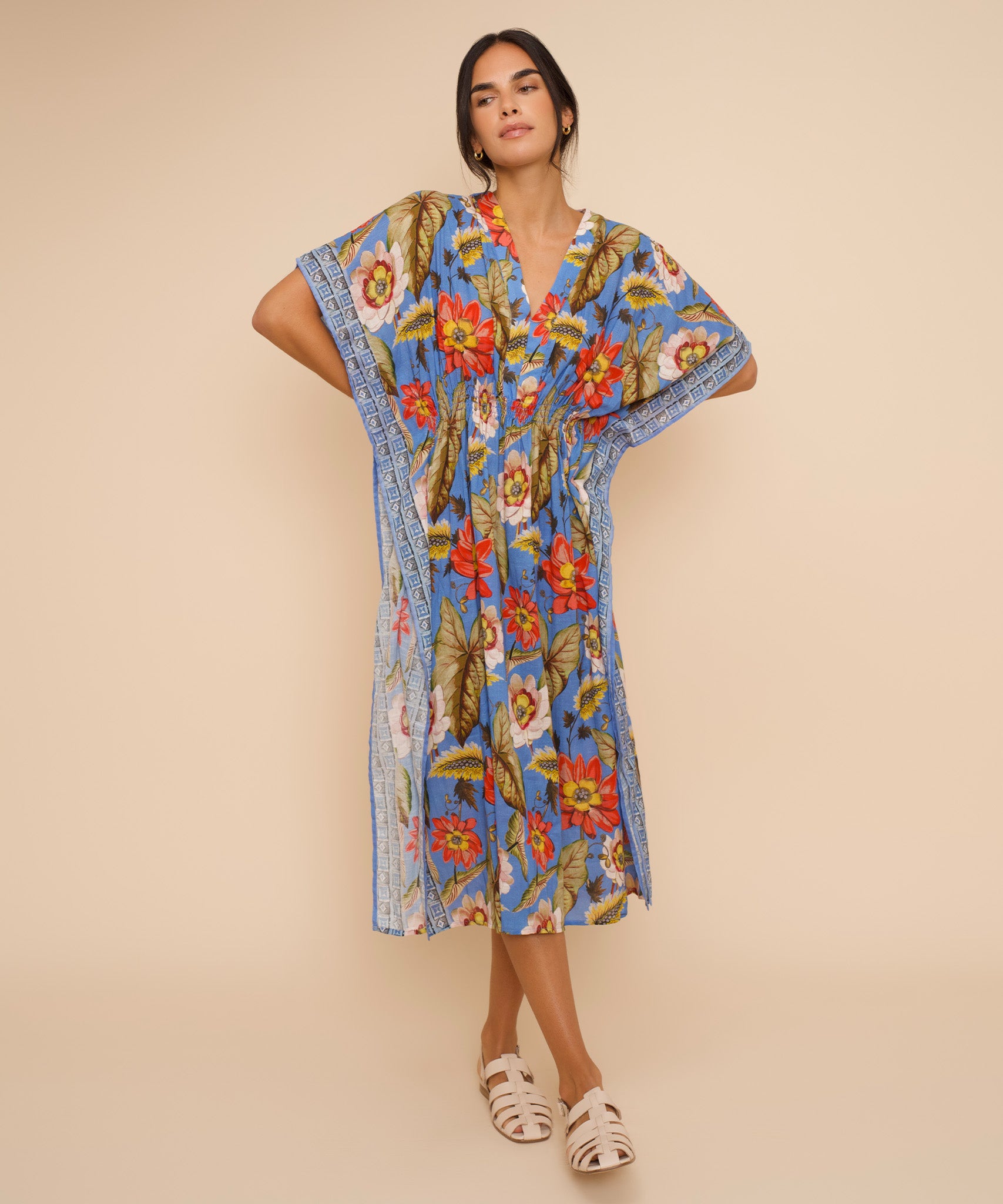 Elegant Floral Print Maxi Caftan Dress for Women - Summer Beach Cover Up, Boho Chic Loungewear, Poolside Party Outfit
