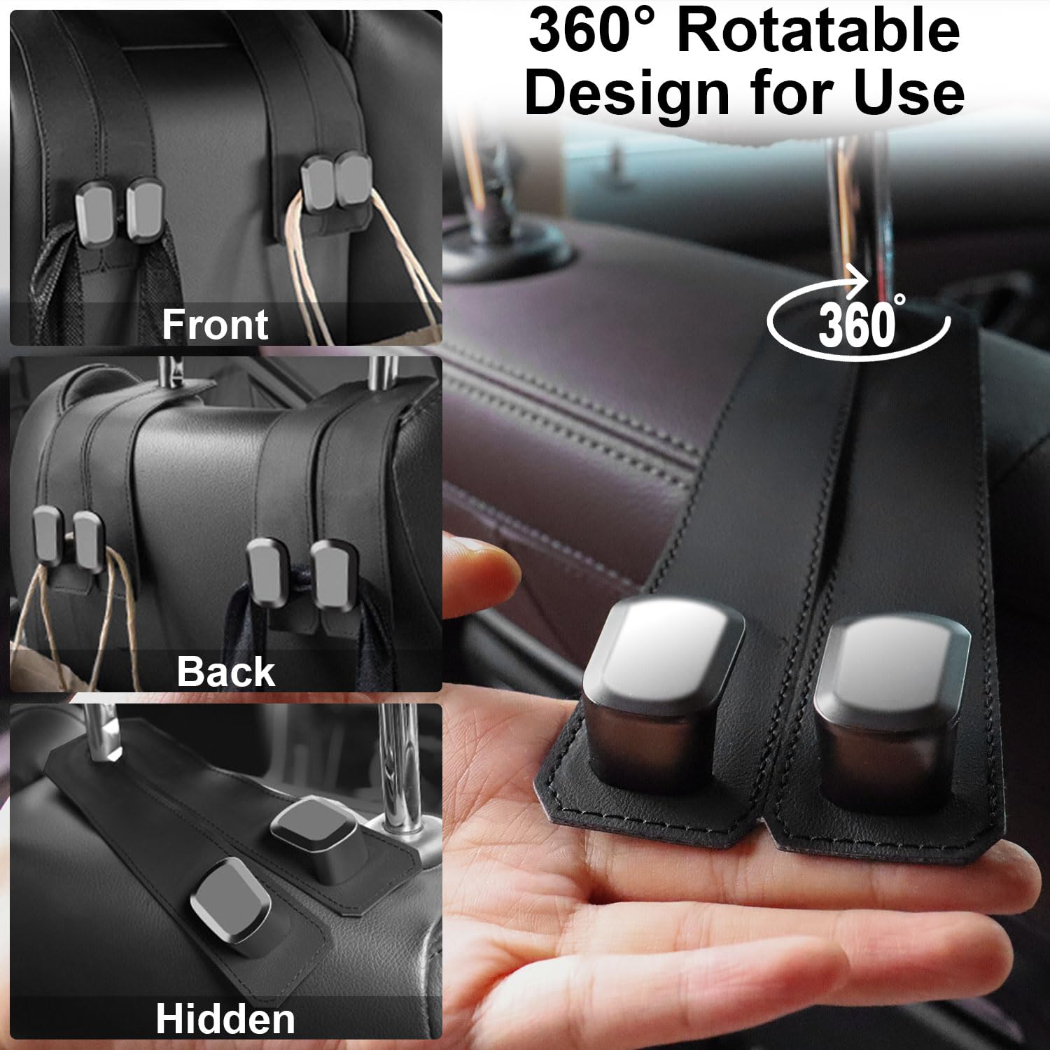 Elegananccy 2 Pack Premium Leather Car Seat Headrest Hooks - Heavy Duty Purse Hanger & Bag Holder for Women - Car Organizer Accessories for Handbags, Groceries & Shopping Bags (Black) - Perfect for Road Trips, Commuting & Daily Errands