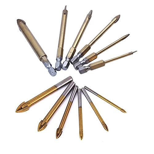 12Pcs Titanium Coated Glass Drill Bit Set - 4 Cutting Edges Cross Spear Head with Hex Shank (6Pcs Type A & 6Pcs Type B) for Glass, Tile, Ceramic and Mirror Drilling - Perfect for DIY Home Improvement and Craft Projects