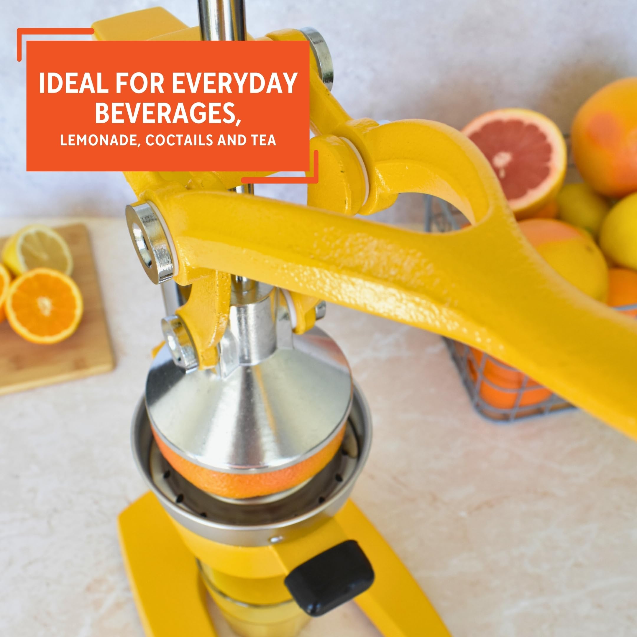 IMUSA USA J100-00109 Heavy Duty Citrus Juicer - Large Yellow Manual Orange Lemon Lime Squeezer for Fresh Juice - Perfect for Kitchen, Breakfast, Cocktails & Healthy Living