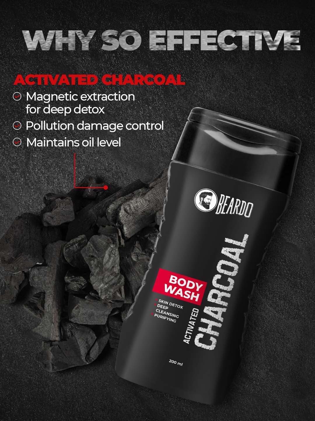 Beardo Activated Charcoal Body Wash for Men - 200ml Deep Cleansing Face & Body Wash | Oil Control & Detoxifying Formula | Removes Dirt, Impurities & Pollution | Perfect for Gym, Travel & Daily Shower Routine