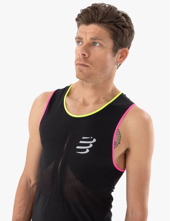 Compressport Men's Pro Racing Singlet - Lightweight Breathable Running Top for Marathon & Triathlon - Black/Safe Yellow - Ideal for Competition, Training & Outdoor Sports