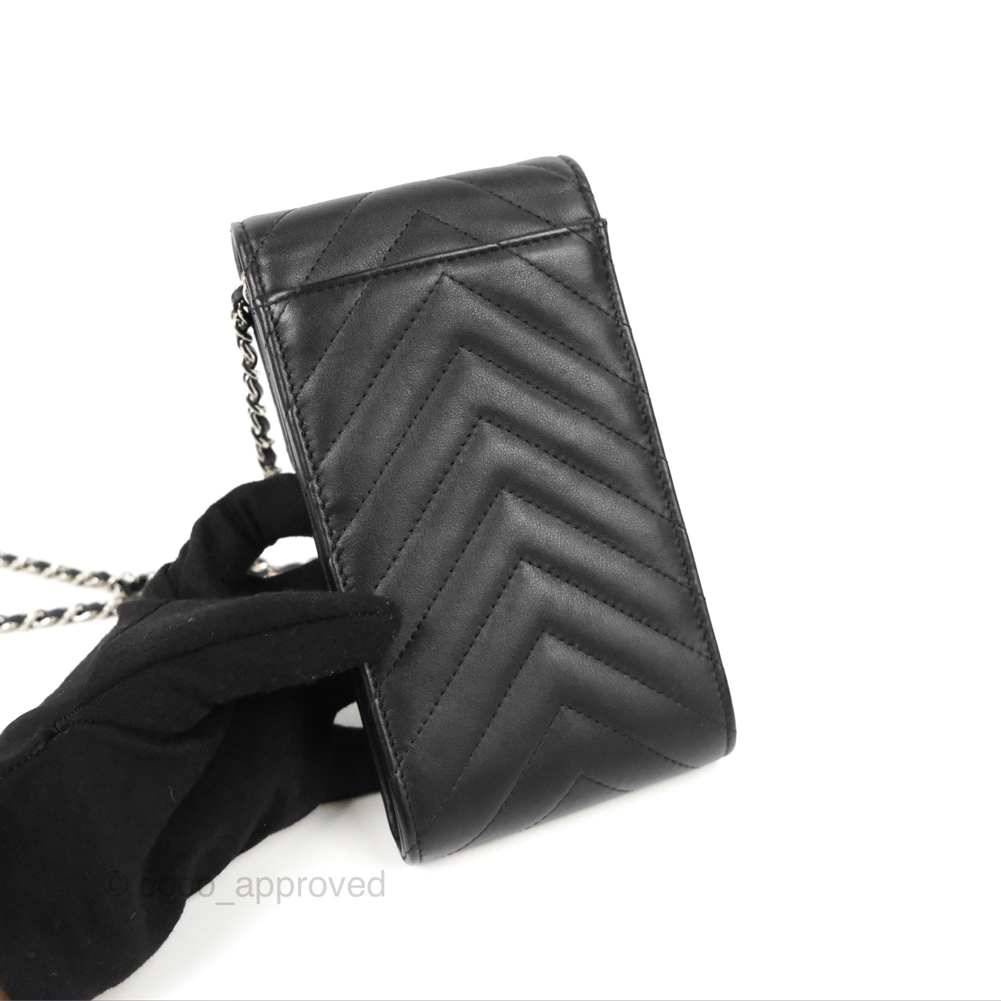 Chanel Classic Chevron Phone Holder - Black Calfskin with Silver Hardware | Luxury Phone Accessory for iPhone & Samsung | Perfect for Office, Travel & Daily Use