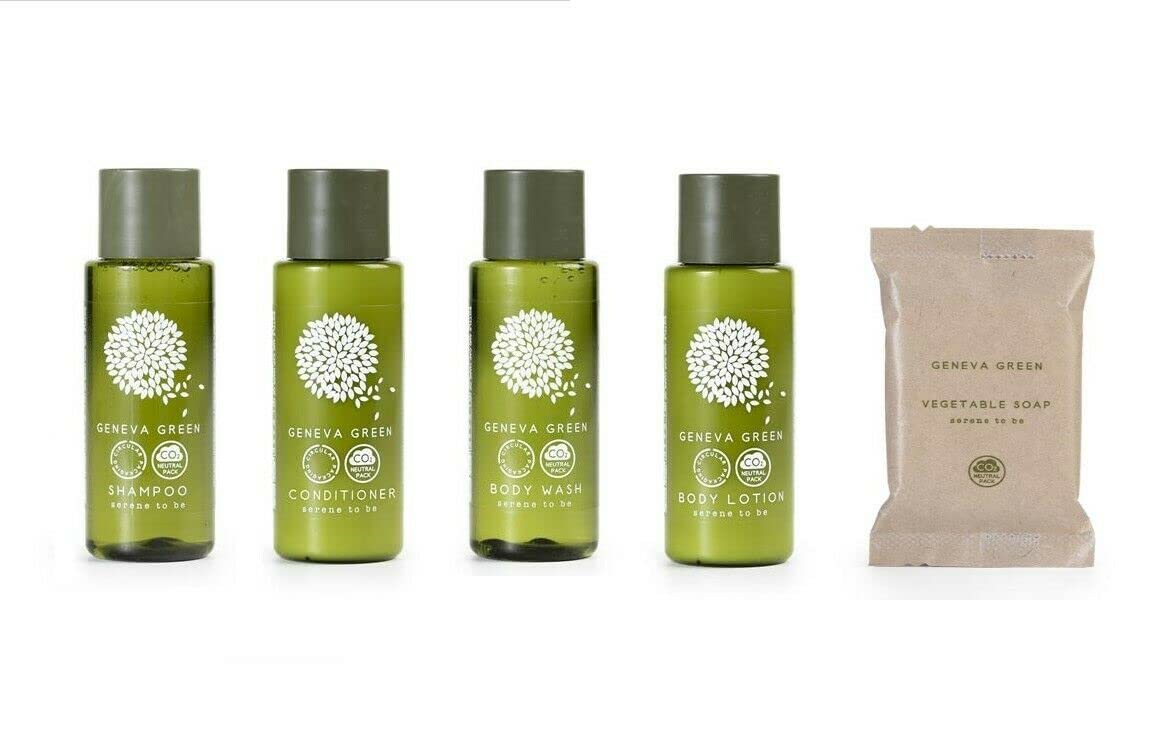 Geneva Green Luxury Hotel Toiletries Set - 250 Pieces (Shampoo, Conditioner, Body Wash, Lotion & Soap) | Premium Italian-Made Travel Essentials for Hotels, Spas & Home Use